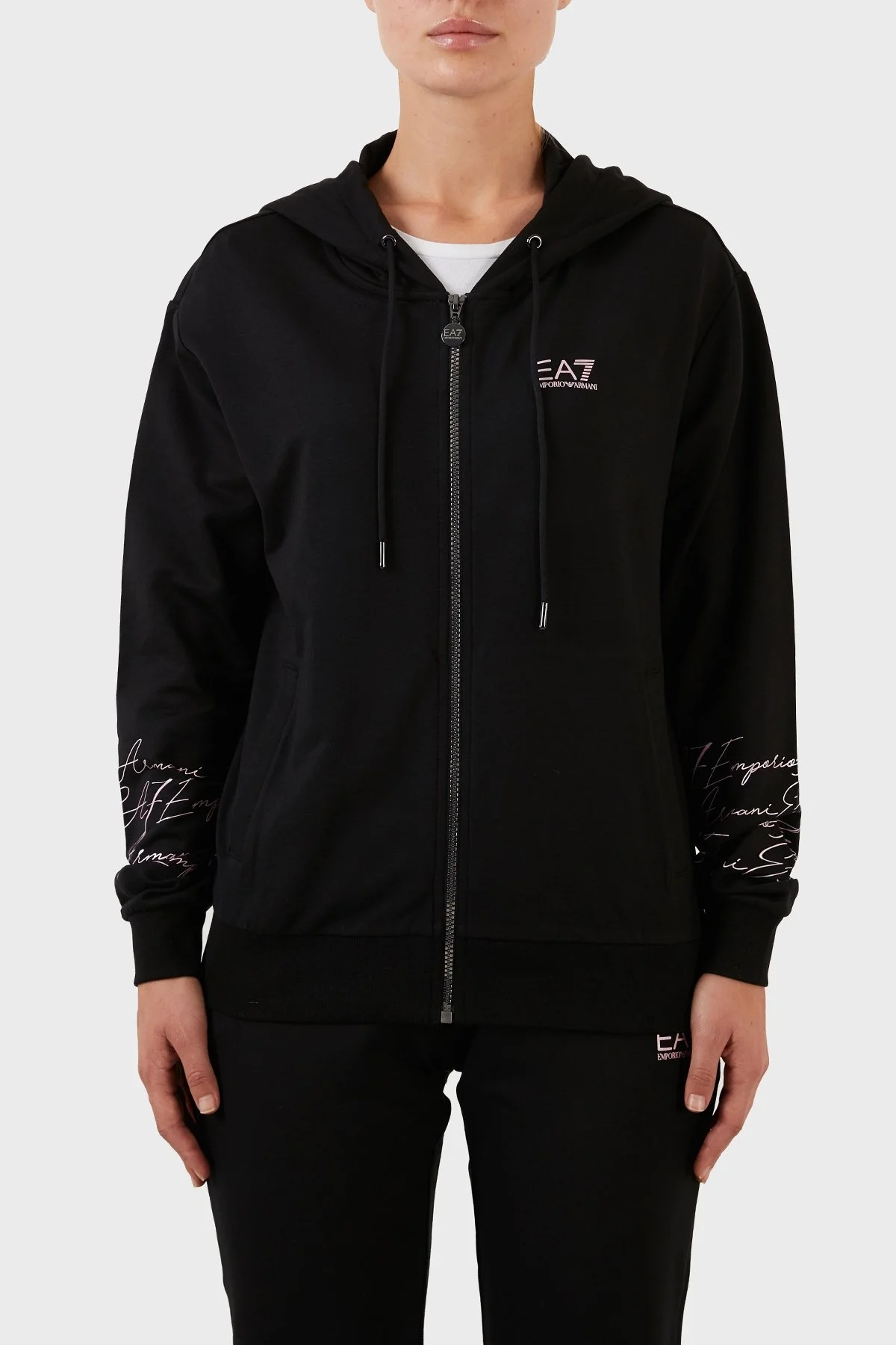 EA7 Pamuklu Slim Fit Fermuarlı Kapüşonlu Eşofman Takım Bayan Eşofman Takımı 6LTV67 TJEAZ 1200 SİYAH - 2
