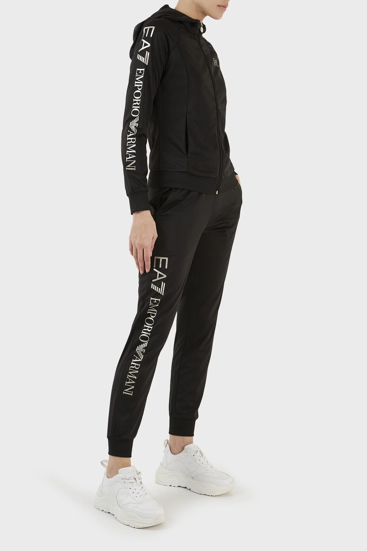EA7 Regular Fit Fermuarlı Kapüşonlu Bayan Eşofman Takımı 6LTV62 TJ26Z 0200 SİYAH - 3