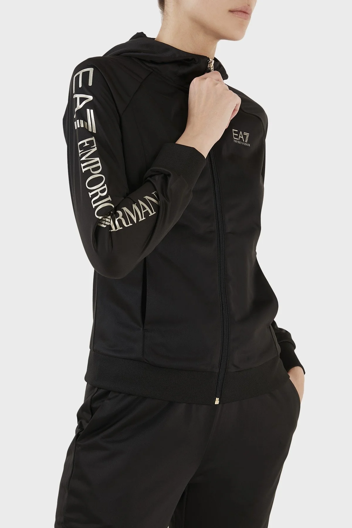 EA7 Regular Fit Fermuarlı Kapüşonlu Bayan Eşofman Takımı 6LTV62 TJ26Z 0200 SİYAH - 4