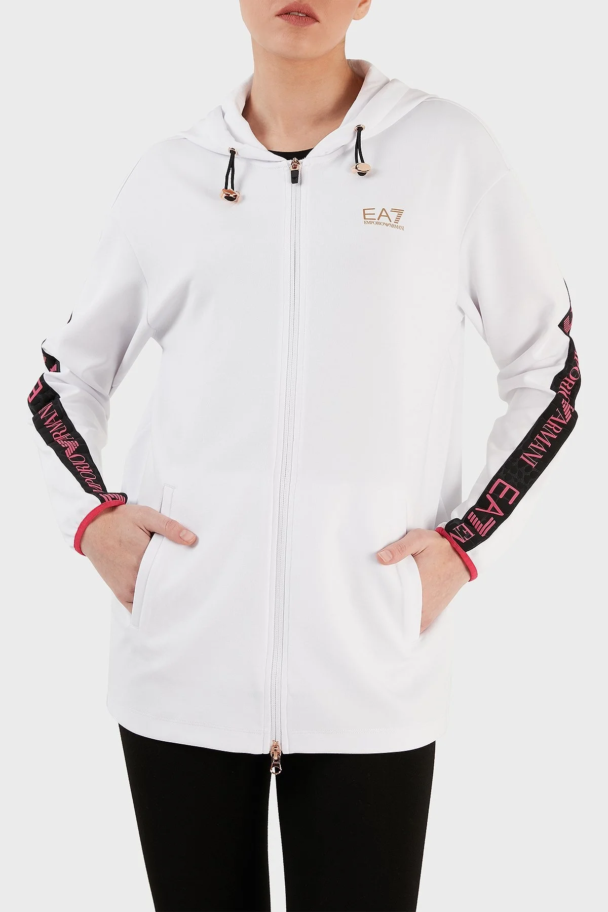 EA7 Regular Fit Fermuarlı Teknik Kumaşlı Kapüşonlu Bayan Sweat 3RTM04 TJKWZ 1100 BEYAZ - 1