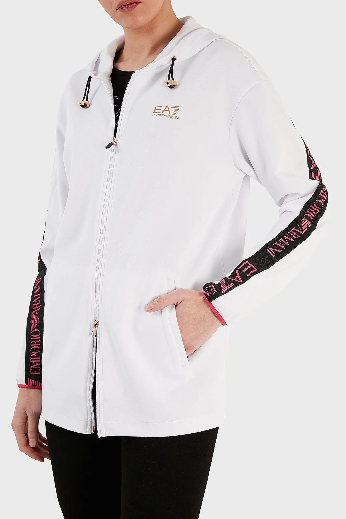 EA7 Regular Fit Fermuarlı Teknik Kumaşlı Kapüşonlu Bayan Sweat 3RTM04 TJKWZ 1100 BEYAZ - 5