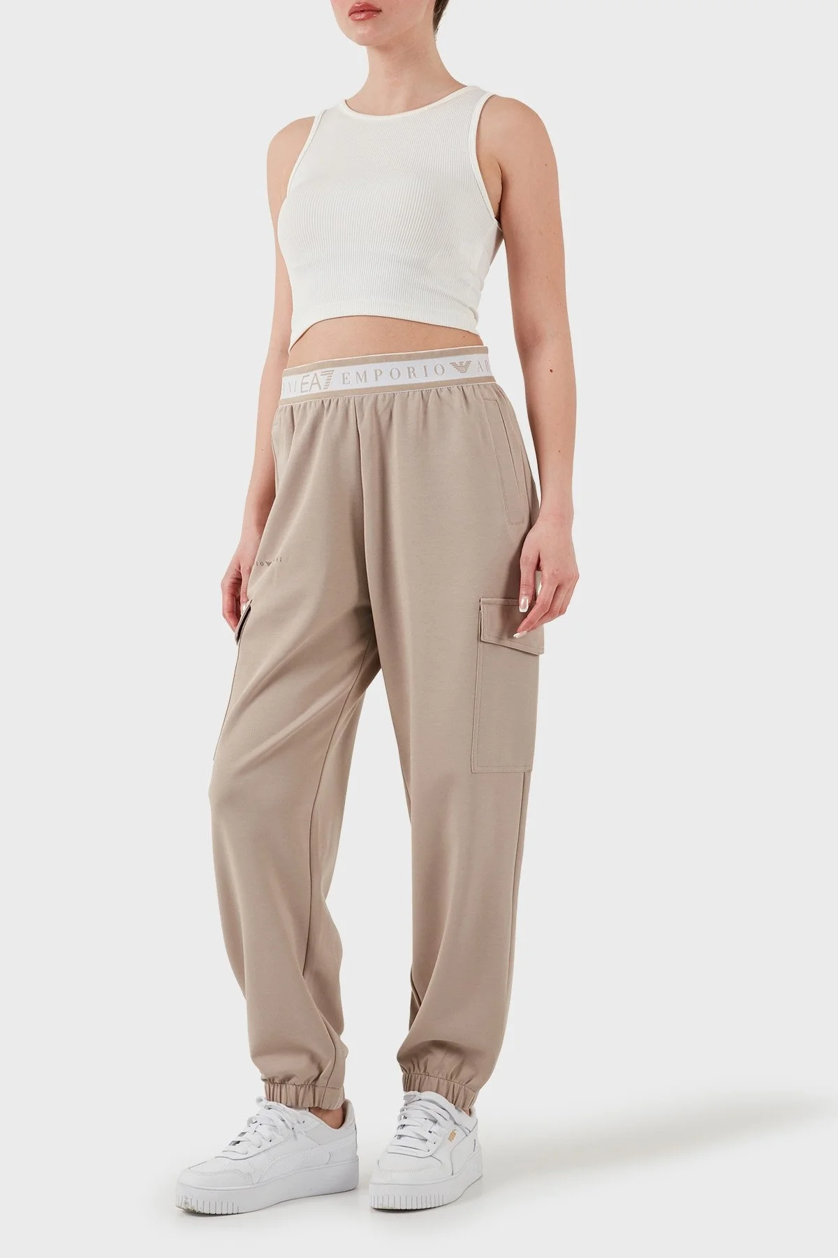 EA7 Regular Fit Normal Bel Ribanalı Paça Logolu Jogger Bayan Pantolon 7W000282 AF12501 U6155 BEJ - 3