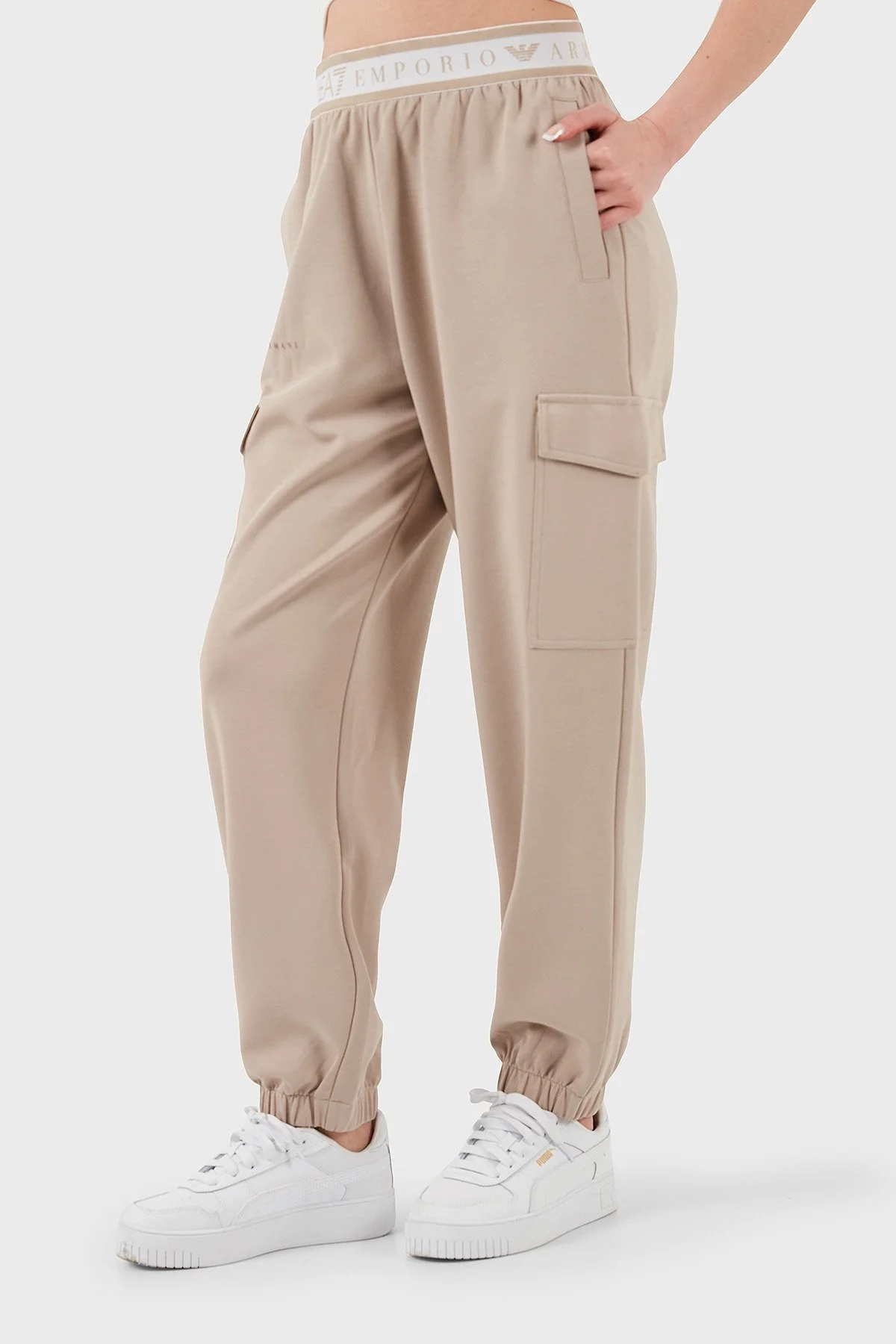 EA7 Regular Fit Normal Bel Ribanalı Paça Logolu Jogger Bayan Pantolon 7W000282 AF12501 U6155 BEJ - 4
