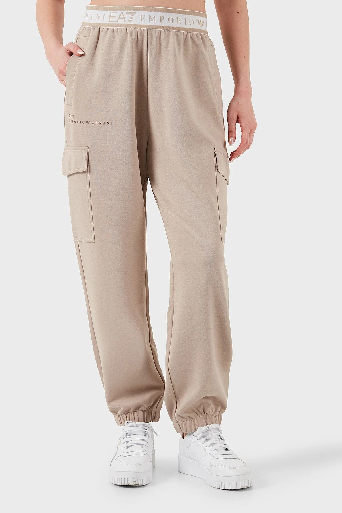 EA7 Regular Fit Normal Bel Ribanalı Paça Logolu Jogger Bayan Pantolon 7W000282 AF12501 U6155 BEJ - 5