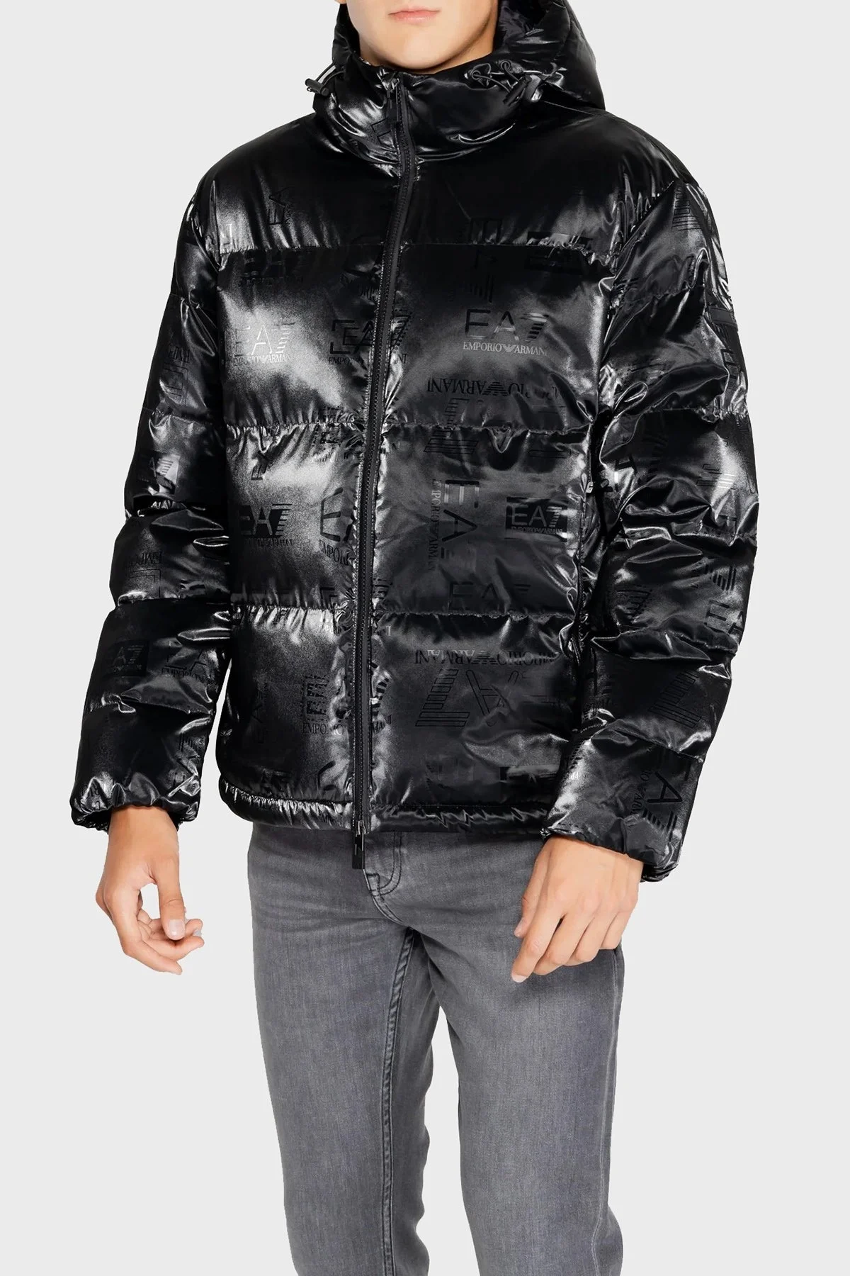 EA7 Regular Fit Parlak Görünümlü Kapüşonlu Şişme Erkek Mont 6DPB34 PNHMZ 1200 SİYAH - 1