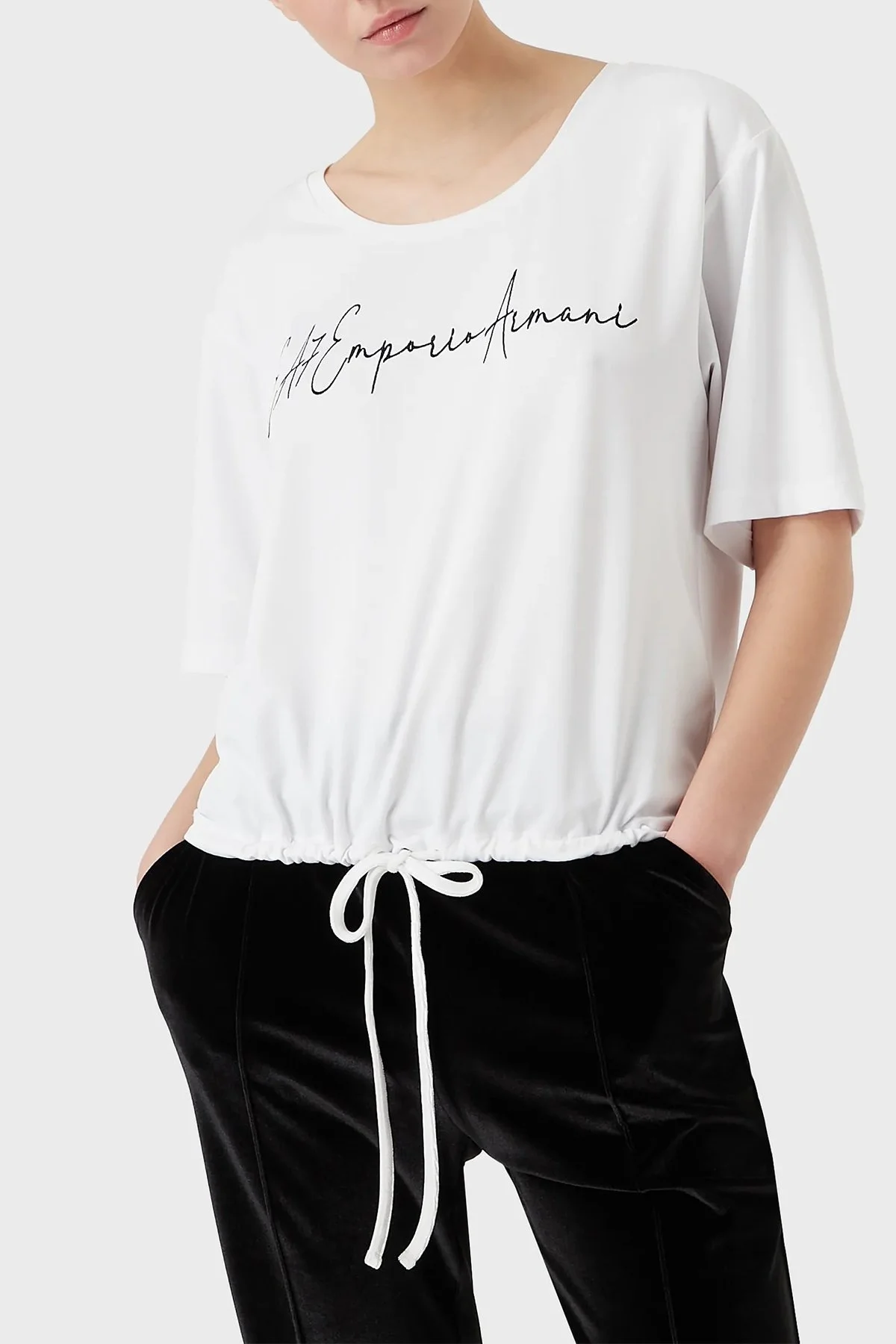 EA7 Relaxed Fit Bağlama Detaylı Bisiklet Yaka Bayan T Shirt 6LTT29 TJDFZ 1100 BEYAZ - 1