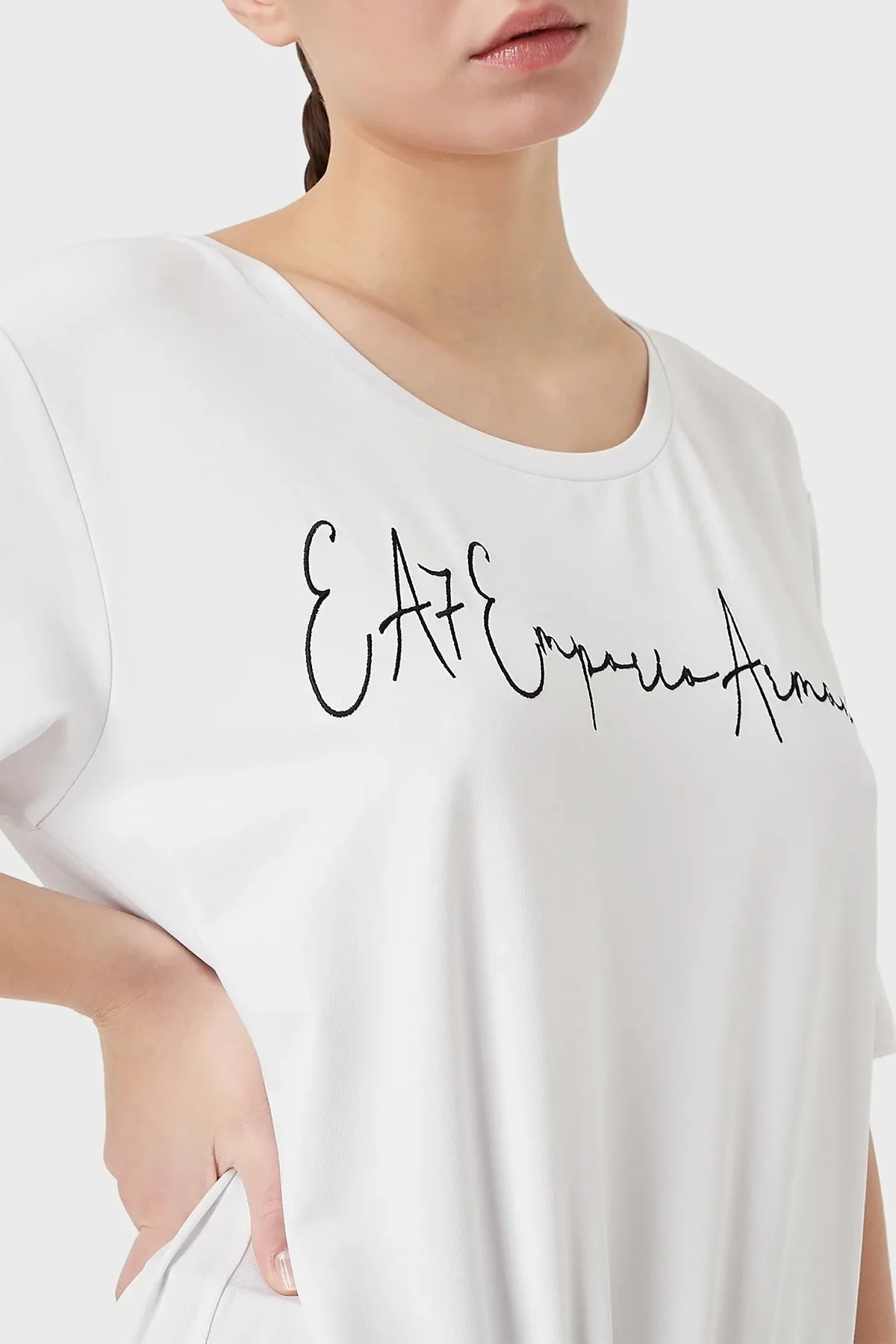 EA7 Relaxed Fit Bağlama Detaylı Bisiklet Yaka Bayan T Shirt 6LTT29 TJDFZ 1100 BEYAZ - 3