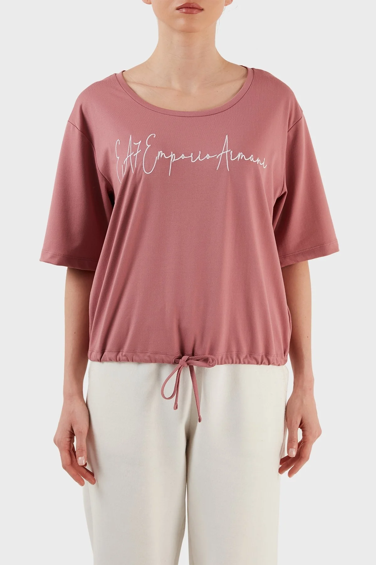EA7 Relaxed Fit Bağlama Detaylı Bisiklet Yaka Bayan T Shirt 6LTT29 TJDFZ 1438 GÜL KURUSU - 1