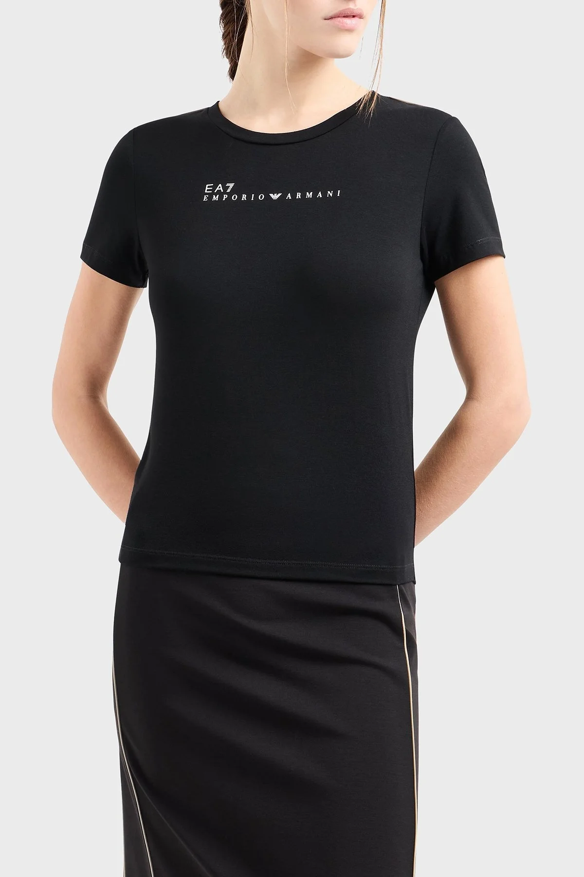 EA7 Streç Logo Yazılı Slim Fit Bisiklet Yaka Bayan T Shirt 7W000274 AF12945 UC001 SİYAH - 1