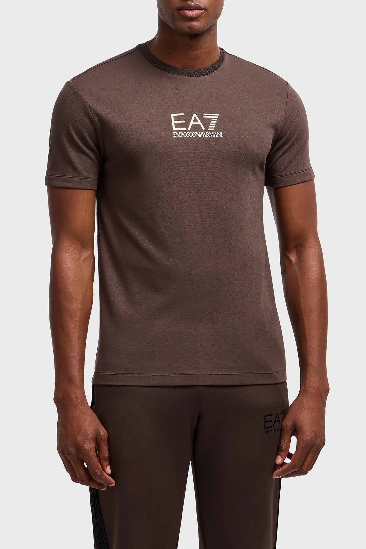 EA7 Streç Logolu Slim Fit Bisiklet Yaka Erkek T Shirt 7M000301 AF13739 U6139 KAHVE - 1