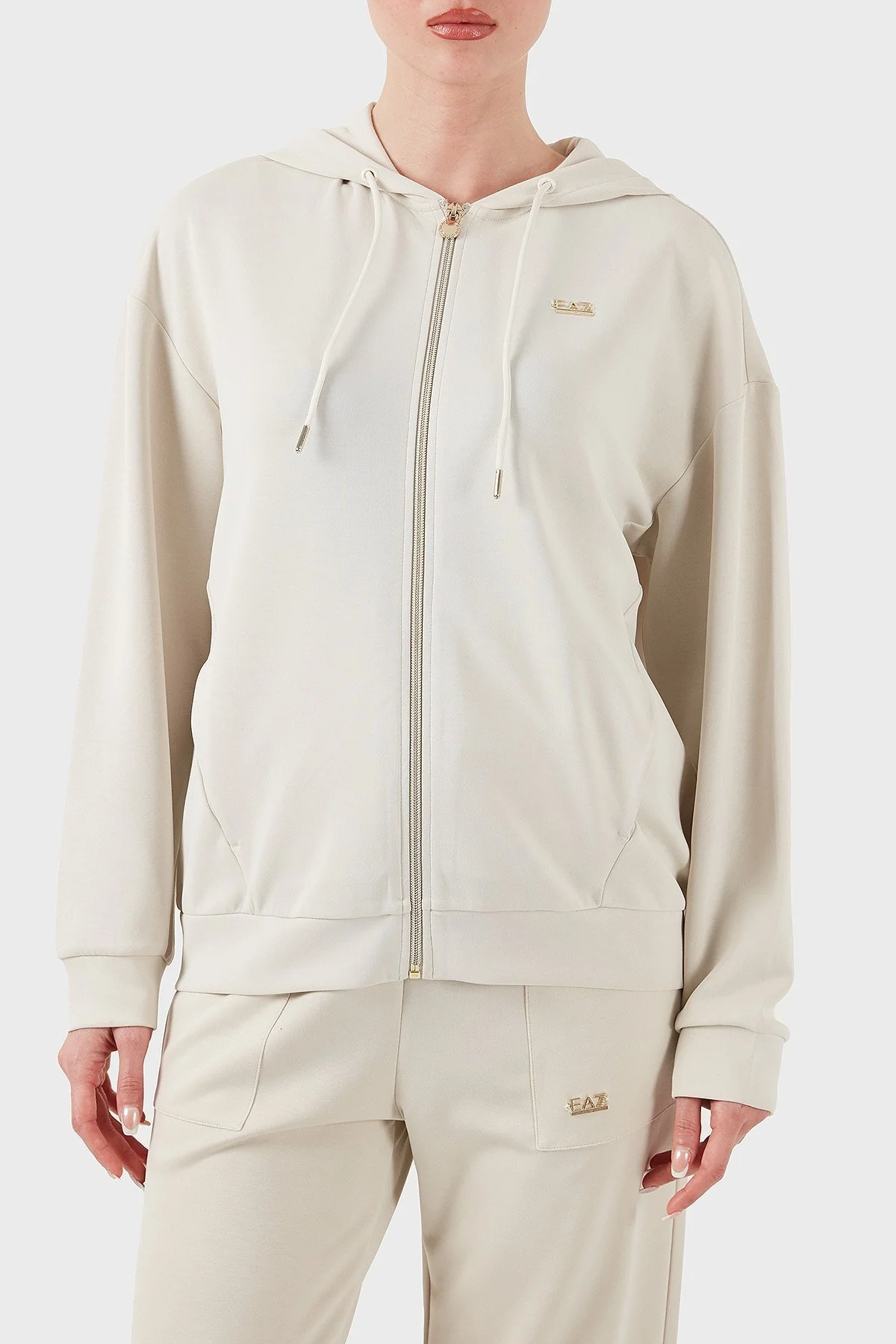 EA7 Streç Modal Karışımlı Relaxed Fit Kapüşonlu Yaka Bayan Sweat 7W000192 AF12643 U1112 KREM - 1