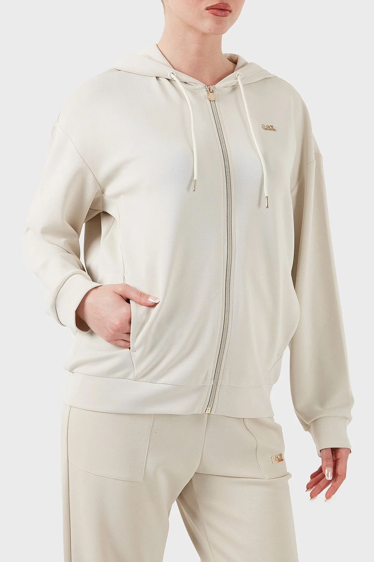 EA7 Streç Modal Karışımlı Relaxed Fit Kapüşonlu Yaka Bayan Sweat 7W000192 AF12643 U1112 KREM - 4