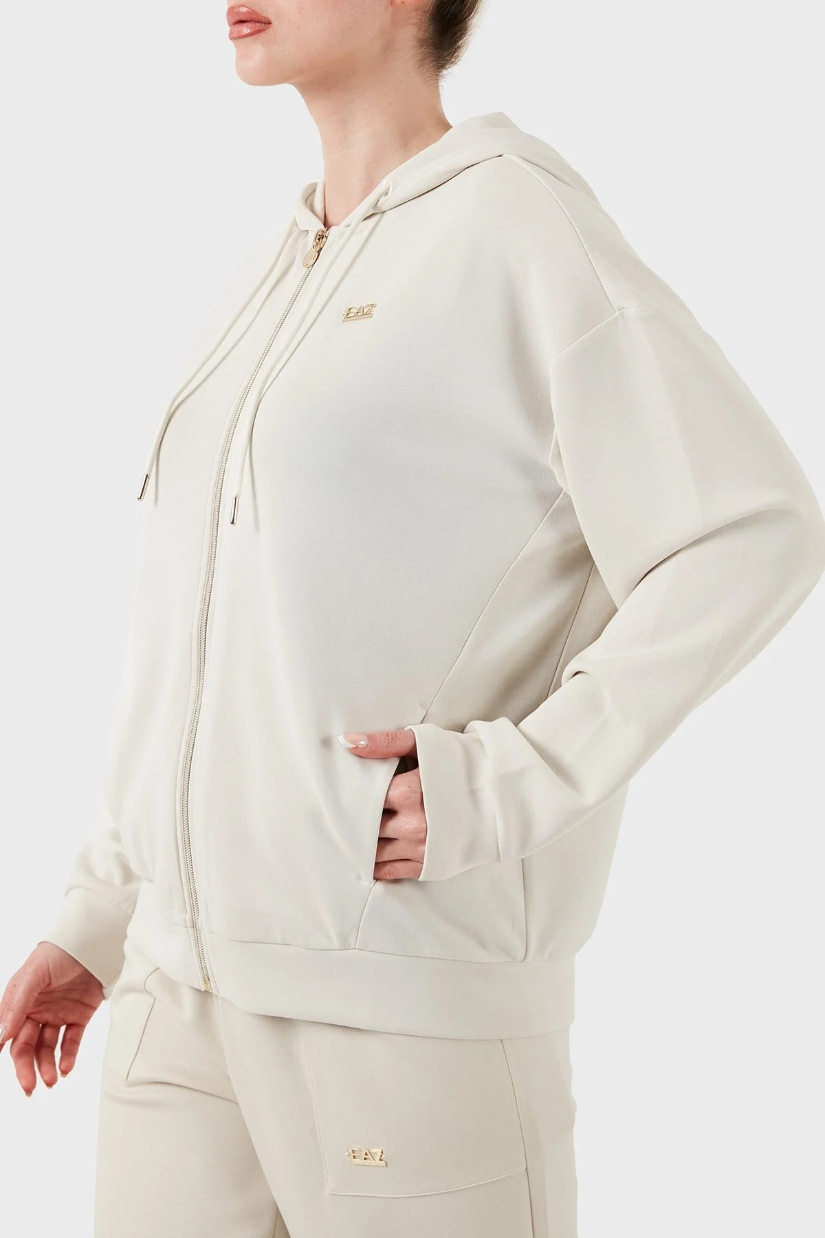 EA7 Streç Modal Karışımlı Relaxed Fit Kapüşonlu Yaka Bayan Sweat 7W000192 AF12643 U1112 KREM - 5