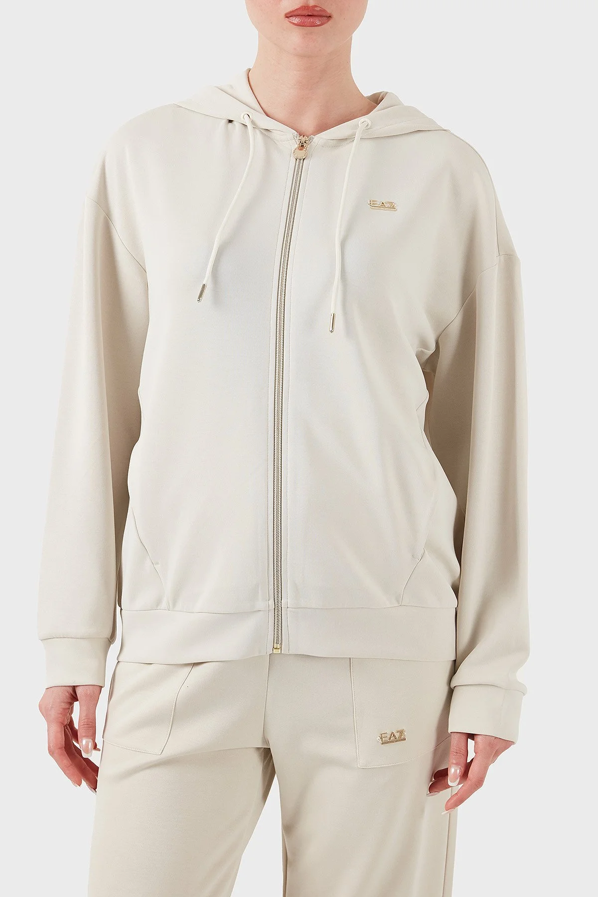 EA7 Streç Modal Karışımlı Relaxed Fit Kapüşonlu Yaka Kadın Sweat 7W000192 AF12643 U1112 KREM - 1
