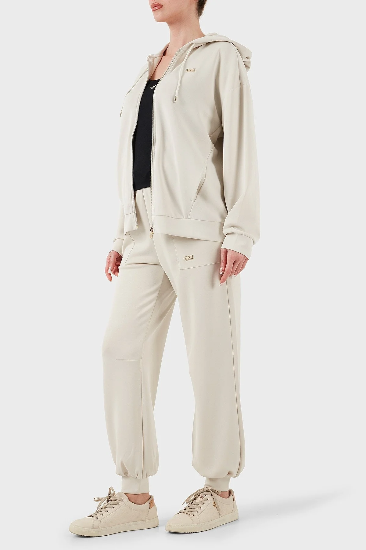 EA7 Streç Modal Karışımlı Relaxed Fit Yüksek Bel Ribanalı Paça Jogger Bayan Pantolon 7W000193 AF12643 U1112 BEJ - 2