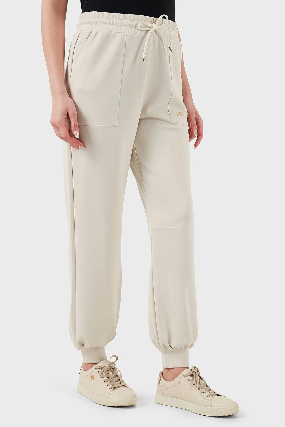 EA7 Streç Modal Karışımlı Relaxed Fit Yüksek Bel Ribanalı Paça Jogger Bayan Pantolon 7W000193 AF12643 U1112 BEJ - 3