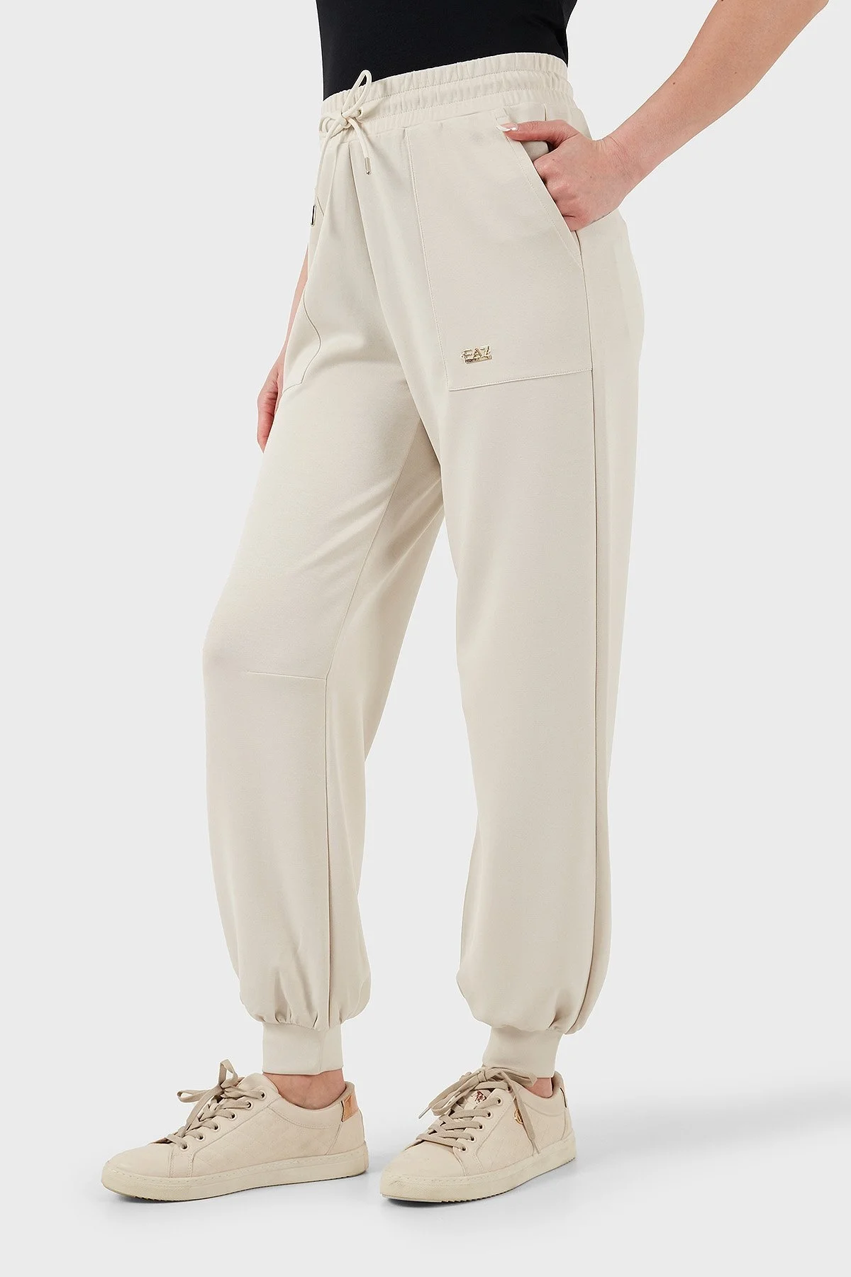 EA7 Streç Modal Karışımlı Relaxed Fit Yüksek Bel Ribanalı Paça Jogger Bayan Pantolon 7W000193 AF12643 U1112 BEJ - 4