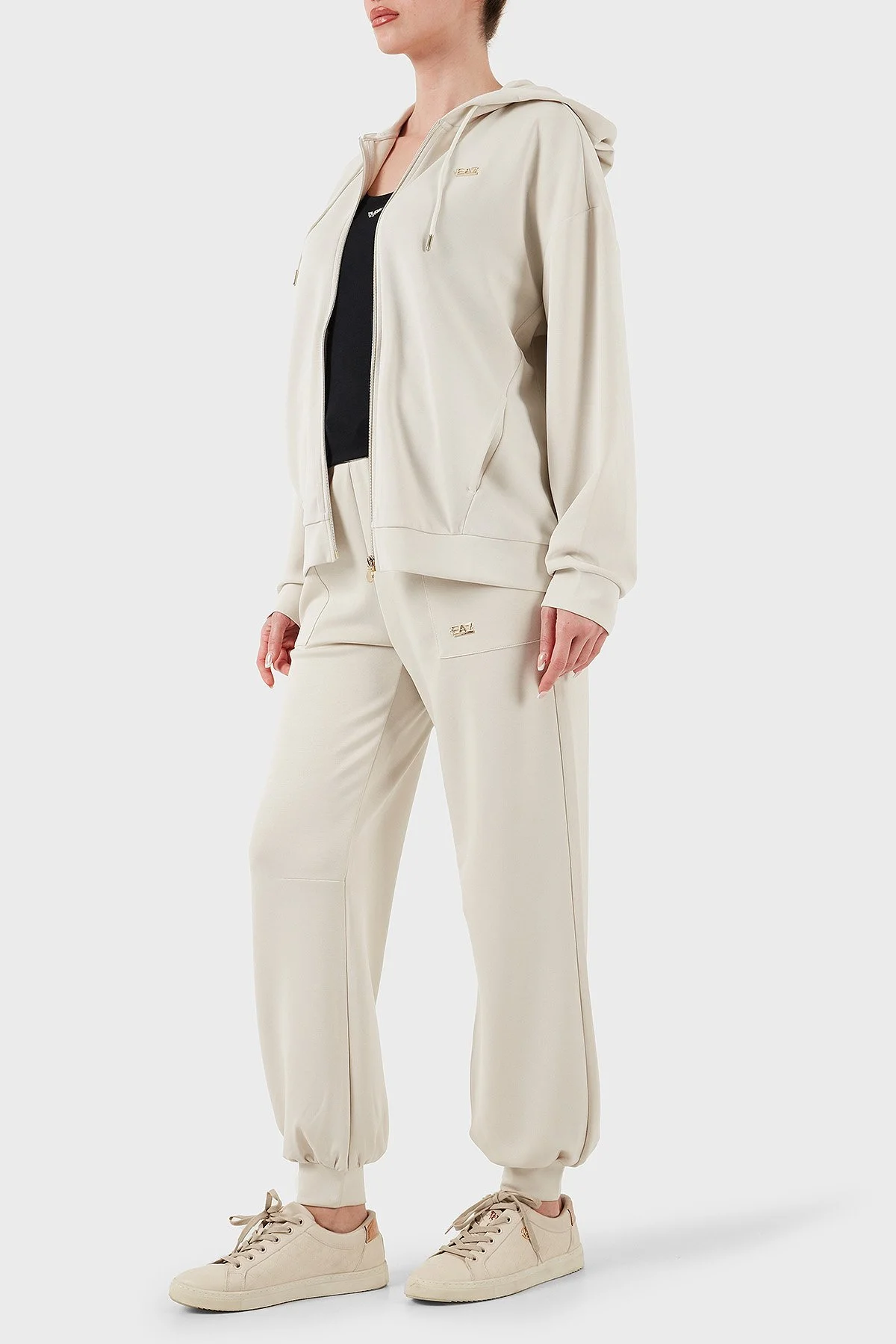 EA7 Streç Modal Karışımlı Relaxed Fit Yüksek Bel Ribanalı Paça Jogger Kadın Pantolon 7W000193 AF12643 U1112 BEJ - 2