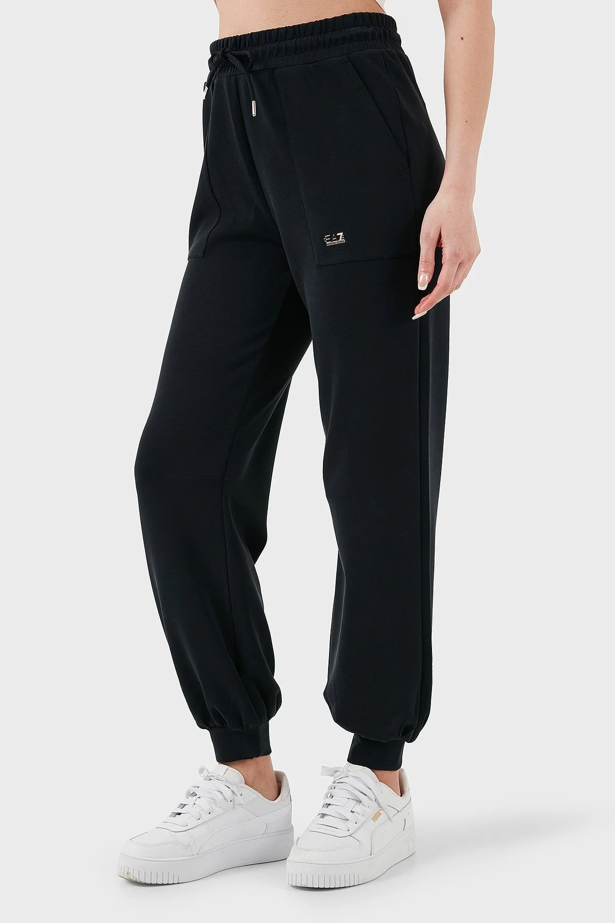 EA7 Streç Modal Karışımlı Relaxed Fit Yüksek Bel Ribanalı Paça Jogger Bayan Pantolon 7W000193 AF12643 UC001 SİYAH - 4