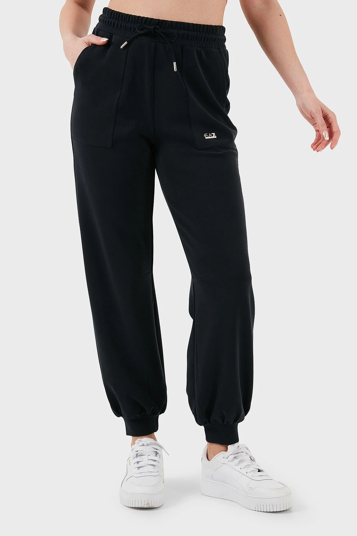 EA7 Streç Modal Karışımlı Relaxed Fit Yüksek Bel Ribanalı Paça Jogger Bayan Pantolon 7W000193 AF12643 UC001 SİYAH - 5