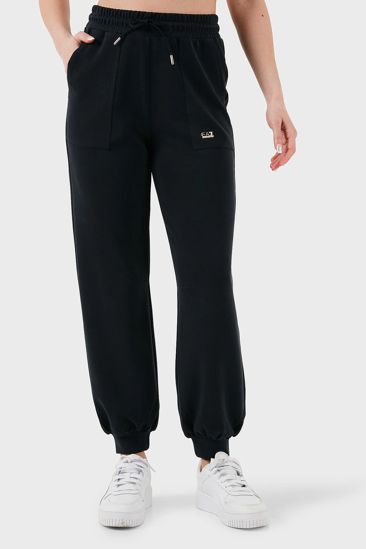 EA7 Streç Modal Karışımlı Relaxed Fit Yüksek Bel Ribanalı Paça Jogger Kadın Pantolon 7W000193 AF12643 UC001 SİYAH - 1