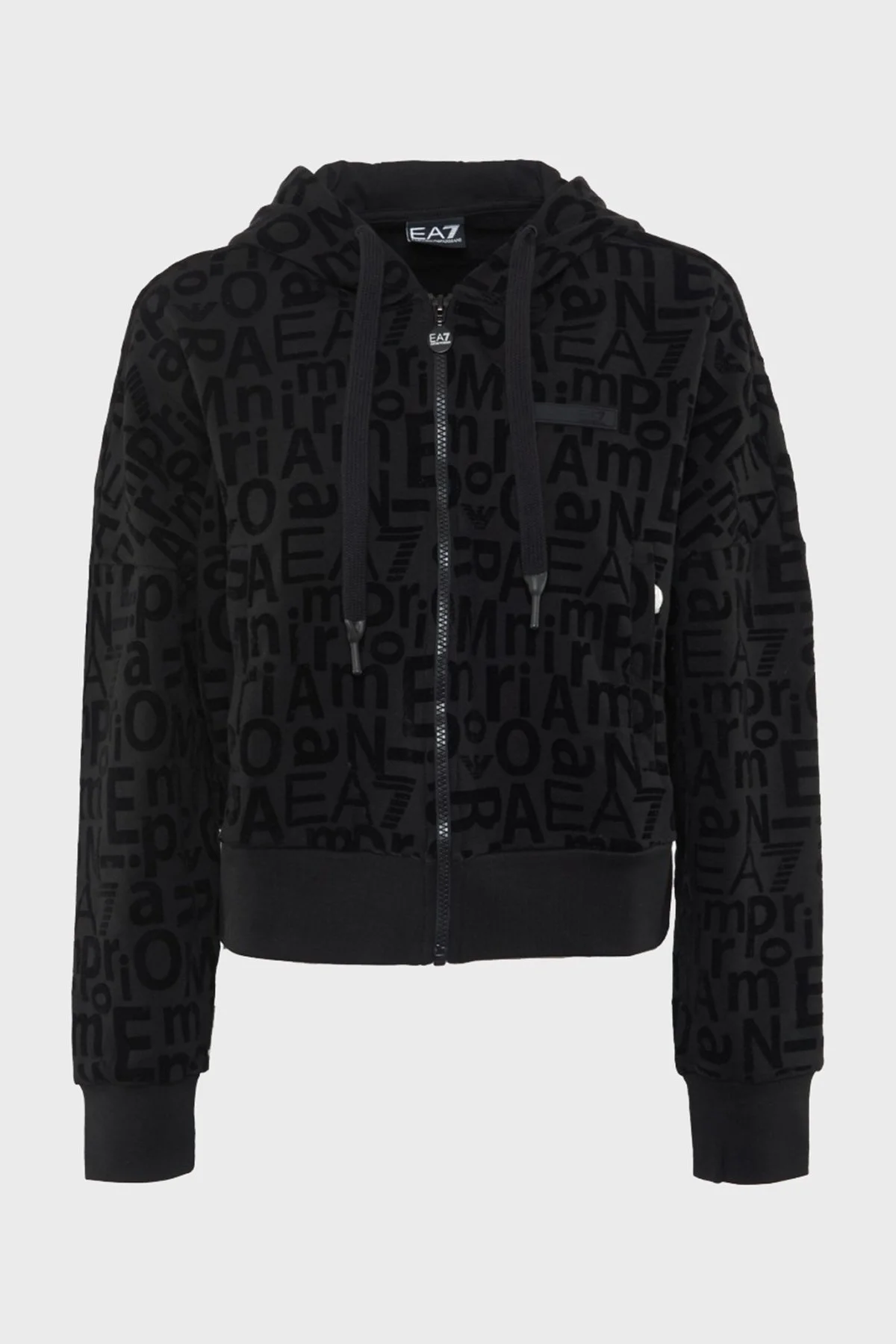 EA7 Streç Pamuklu Logo Baskılı Relaxed Fit Kapüşonlu Crop Bayan Sweat 7W000007 AF10195 UC001 SİYAH - 4