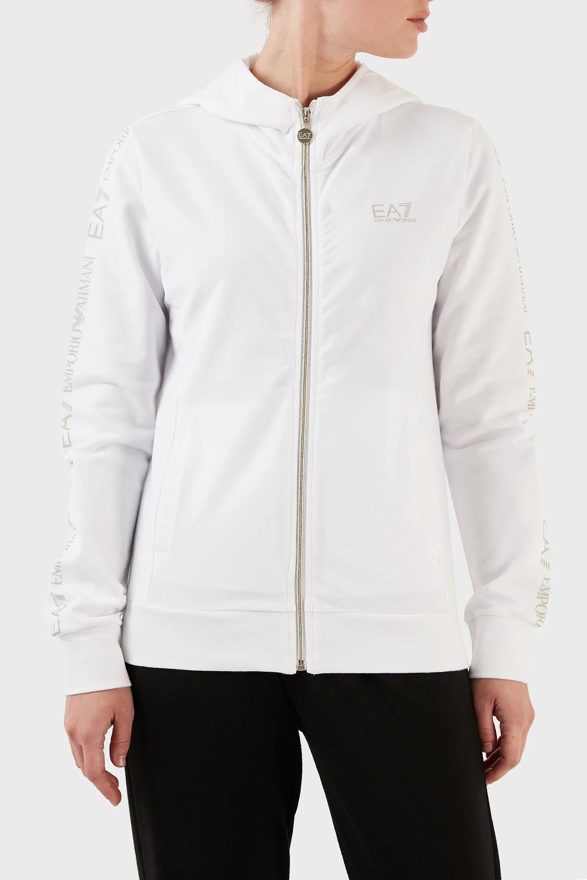 EA7 Streç Pamuklu Regular Fit Fermuarlı Kapüşonlu Bayan Sweat 3RTM21 TJCQZ 0101 BEYAZ - 1