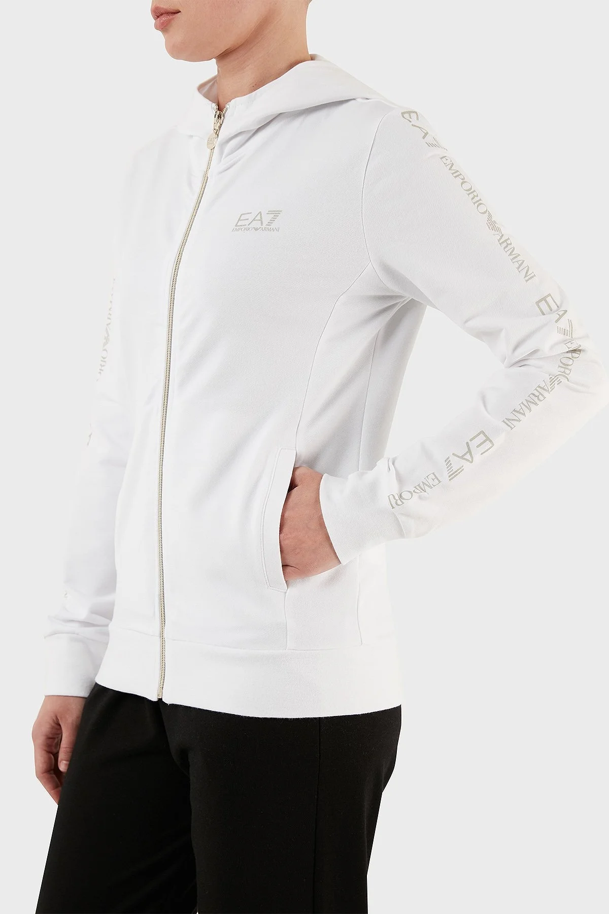 EA7 Streç Pamuklu Regular Fit Fermuarlı Kapüşonlu Bayan Sweat 3RTM21 TJCQZ 0101 BEYAZ - 2