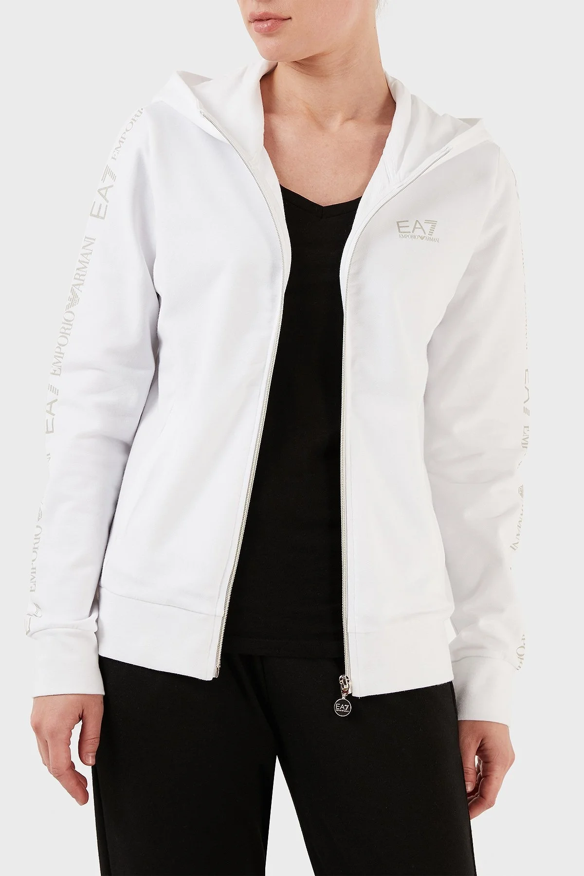 EA7 Streç Pamuklu Regular Fit Fermuarlı Kapüşonlu Bayan Sweat 3RTM21 TJCQZ 0101 BEYAZ - 3