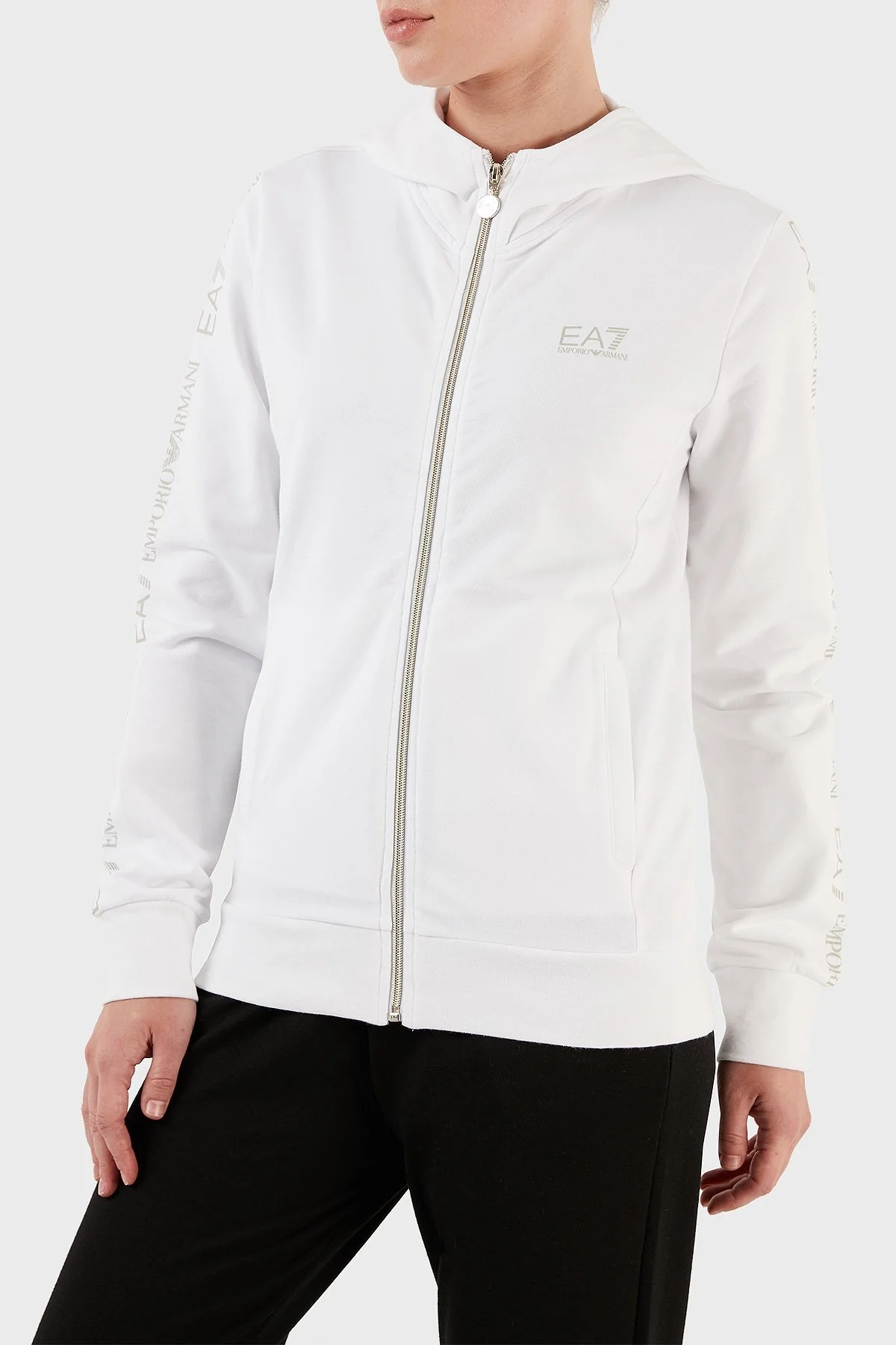 EA7 Streç Pamuklu Regular Fit Fermuarlı Kapüşonlu Bayan Sweat 3RTM21 TJCQZ 0101 BEYAZ - 4