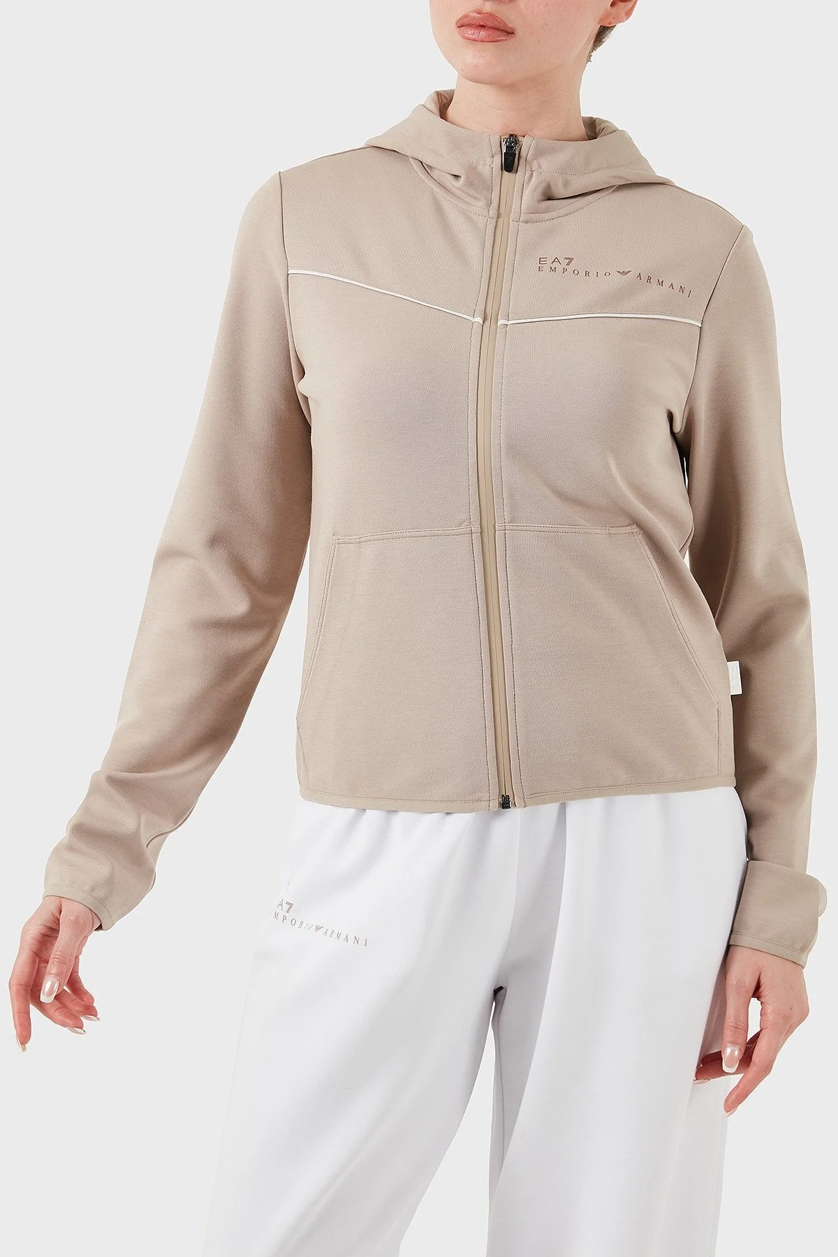 EA7 Streç Pamuklu Regular Fit Kapüşonlu Bayan Sweat 7W000278 AF12501 U6155 BEJ - 5
