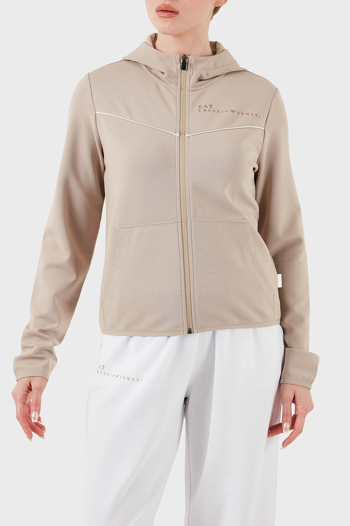 EA7 Streç Pamuklu Regular Fit Kapüşonlu Kadın Sweat 7W000278 AF12501 U6155 BEJ - 1