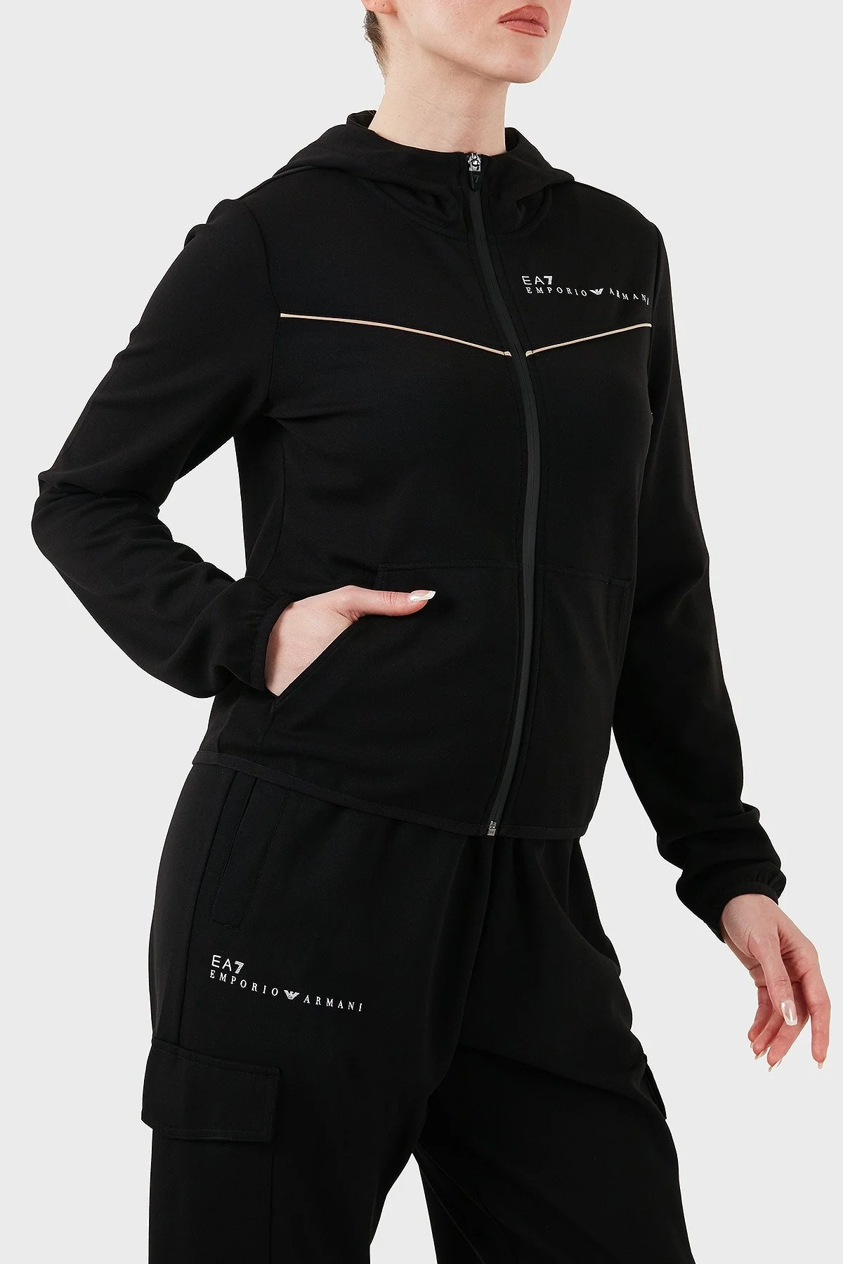 EA7 Streç Pamuklu Regular Fit Kapüşonlu Bayan Sweat 7W000278 AF12501 UC001 SİYAH - 5