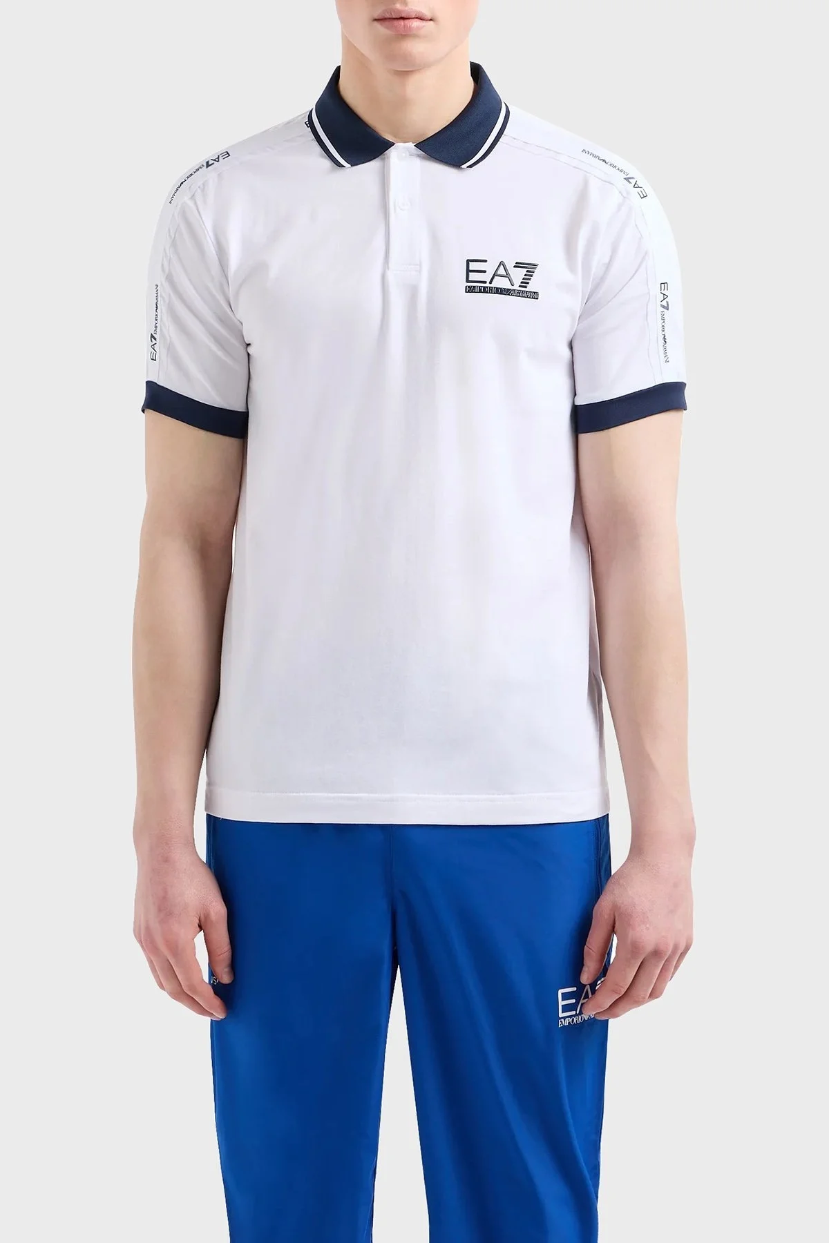 EA7 Streç Pamuklu Slim Fit Erkek Polo Yaka T Shirt 3DPF20 PJ03Z 1100 BEYAZ - 1