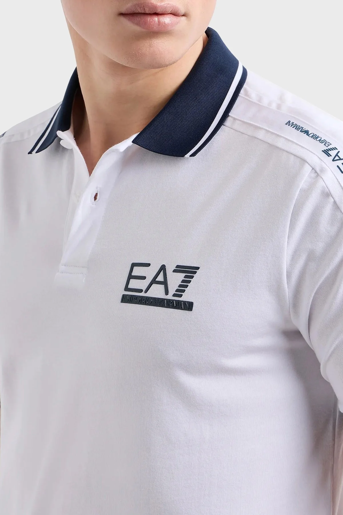 EA7 Streç Pamuklu Slim Fit Erkek Polo Yaka T Shirt 3DPF20 PJ03Z 1100 BEYAZ - 4