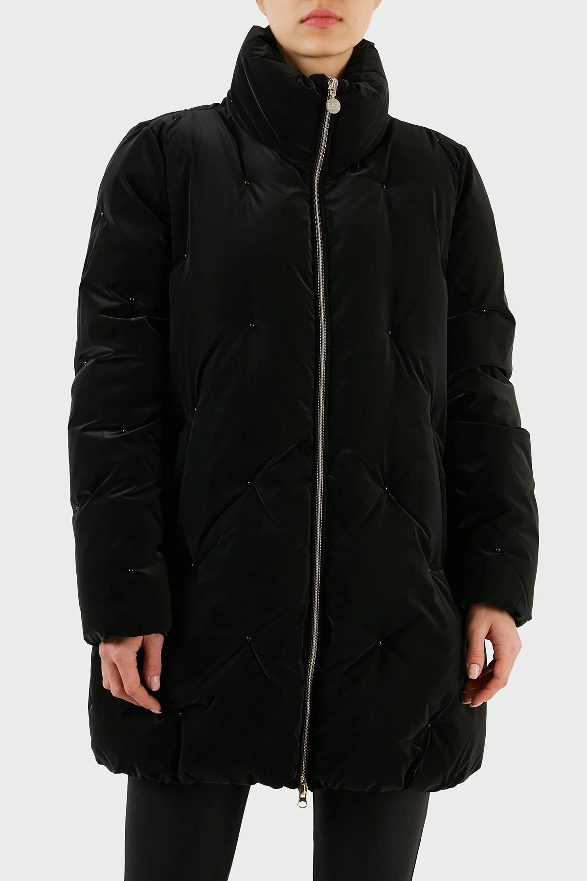 EA7 Taş Detaylı Fermuarlı Dik Yaka Regular Fit Uzun Bayan Mont 6RTK34 TNDMZ 1200 SİYAH - 1