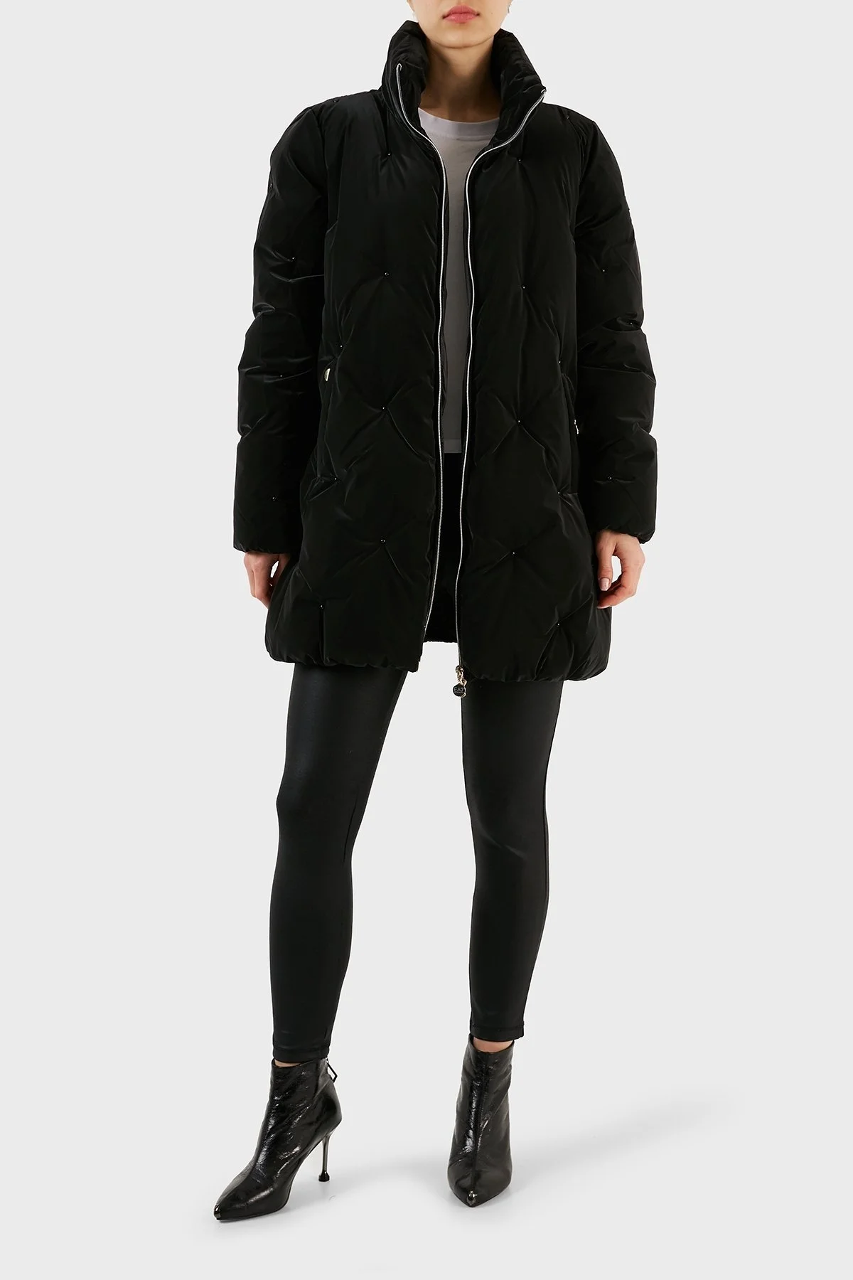 EA7 Taş Detaylı Fermuarlı Dik Yaka Regular Fit Uzun Bayan Mont 6RTK34 TNDMZ 1200 SİYAH - 4