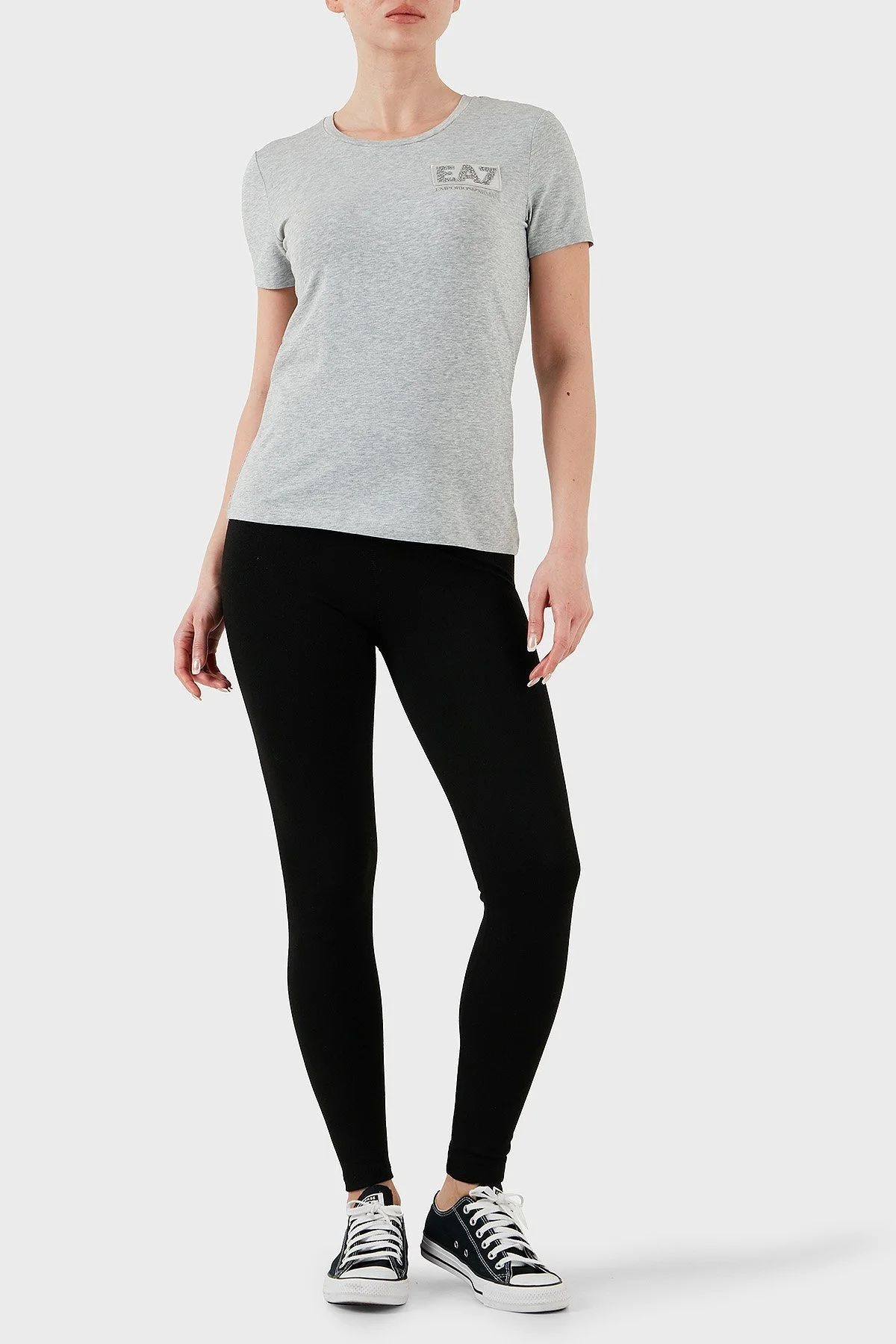 EA7 Taşlı Logolu Streç Pamuklu Regular Fit Yuvarlak Yaka Bayan T Shirt 7W000492 AF10373 O8002 AÇIK GRİ - 7