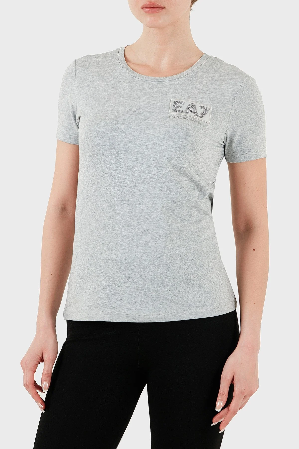 EA7 Taşlı Logolu Streç Pamuklu Regular Fit Yuvarlak Yaka Bayan T Shirt 7W000492 AF10373 O8002 AÇIK GRİ - 9