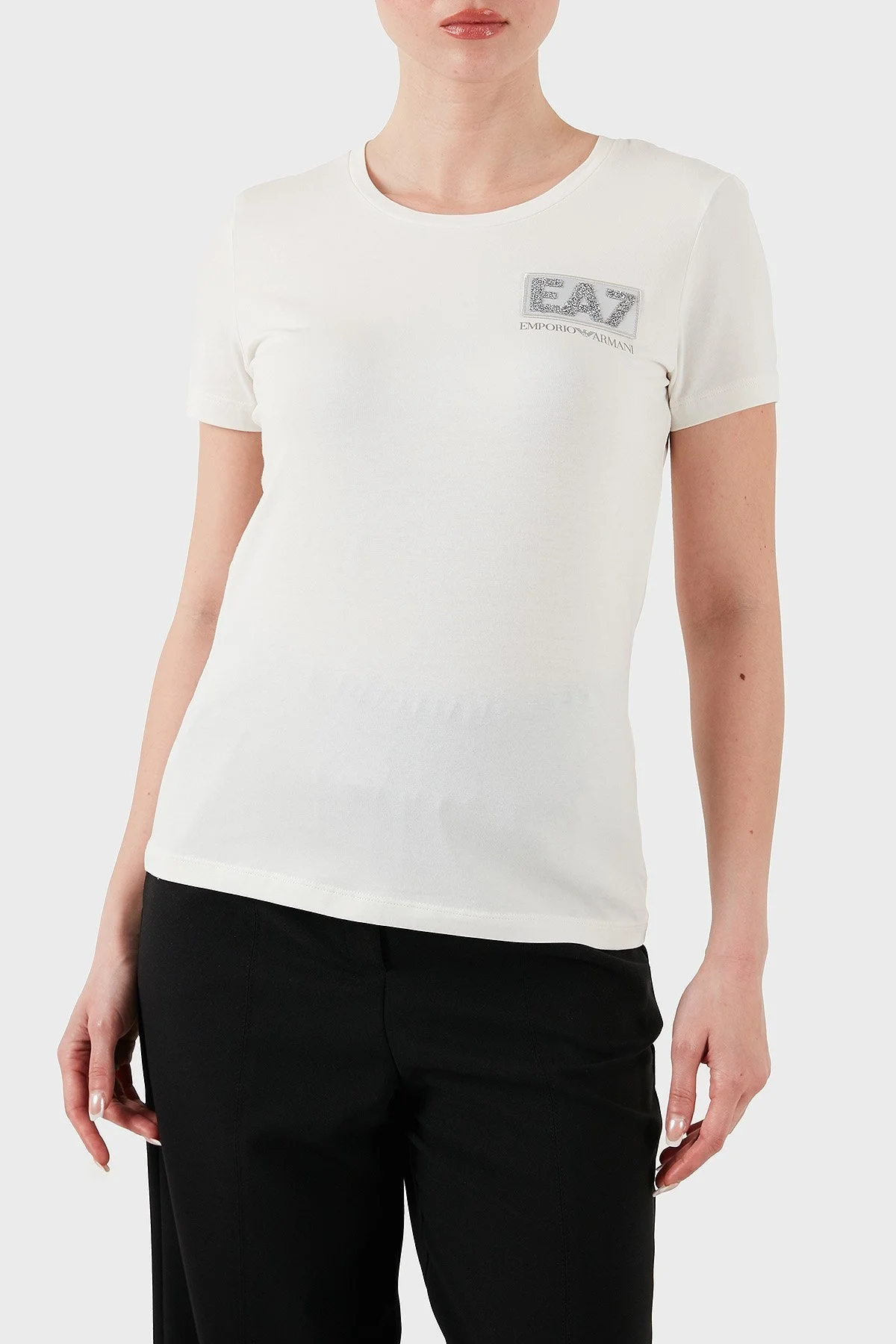 EA7 Taşlı Logolu Streç Pamuklu Regular Fit Yuvarlak Yaka Bayan T Shirt 7W000492 AF10373 U0005 EKRU - 1