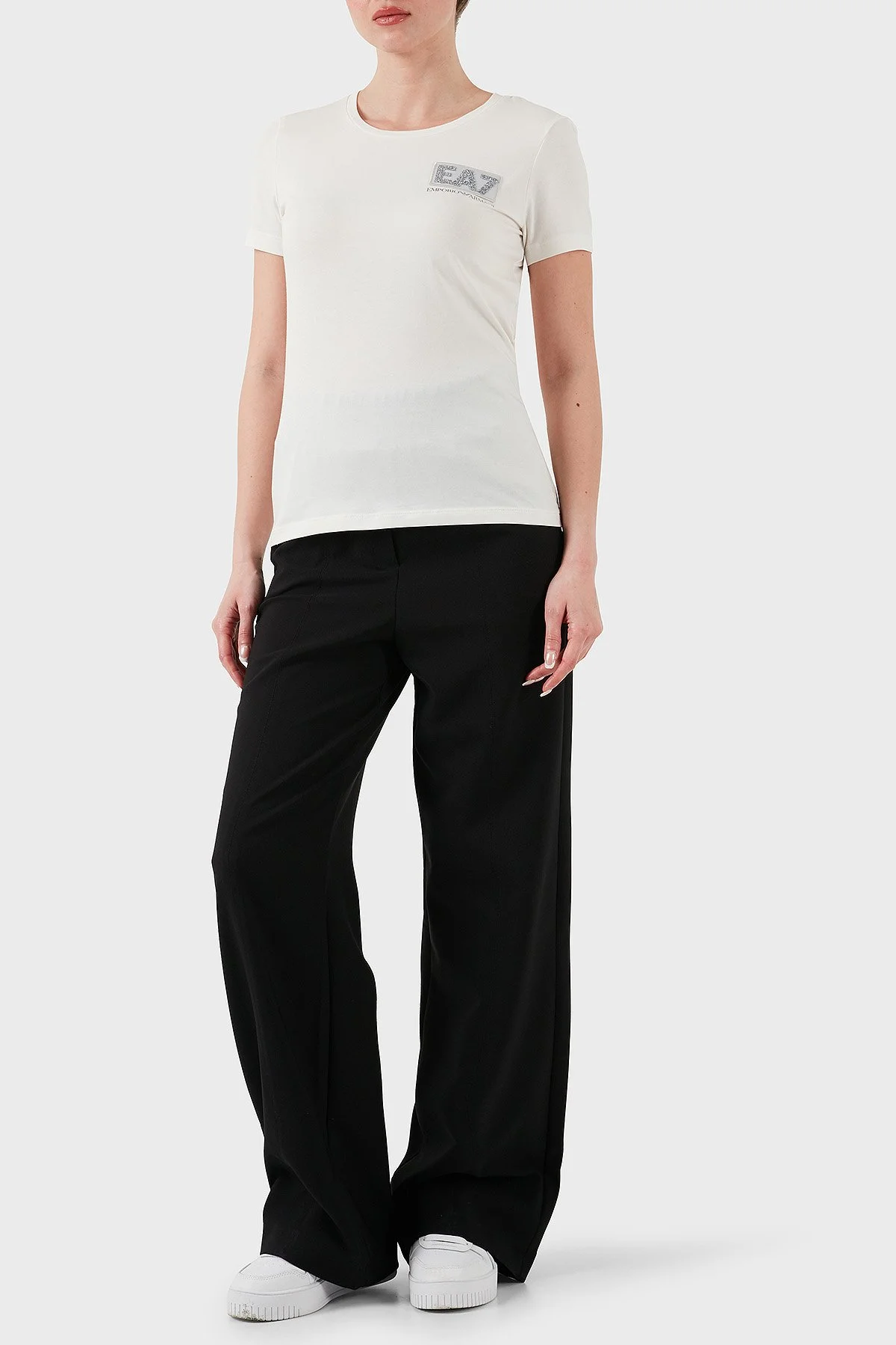 EA7 Taşlı Logolu Streç Pamuklu Regular Fit Yuvarlak Yaka Kadın T Shirt 7W000492 AF10373 U0005 EKRU - 2