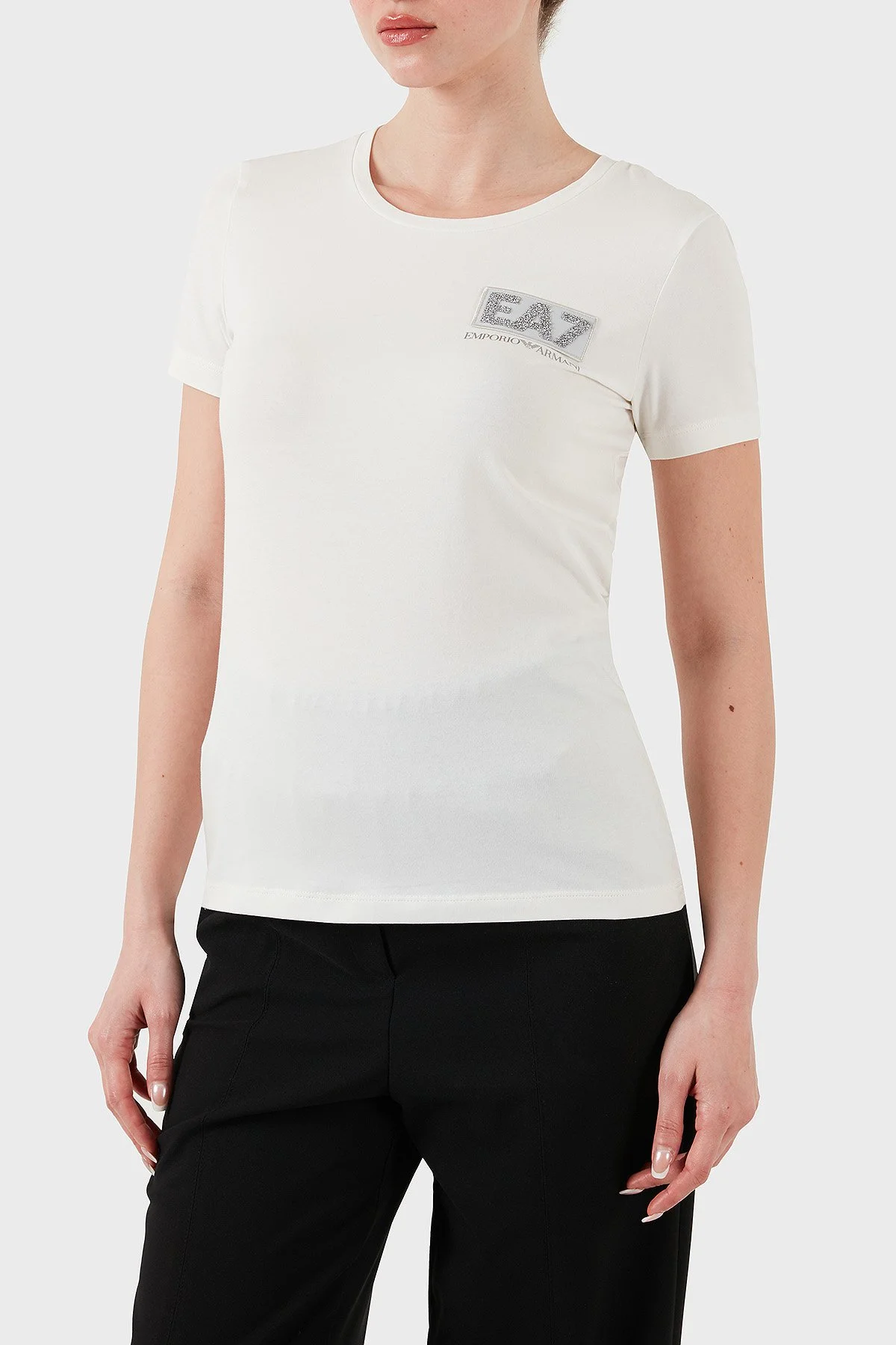 EA7 Taşlı Logolu Streç Pamuklu Regular Fit Yuvarlak Yaka Kadın T Shirt 7W000492 AF10373 U0005 EKRU - 4