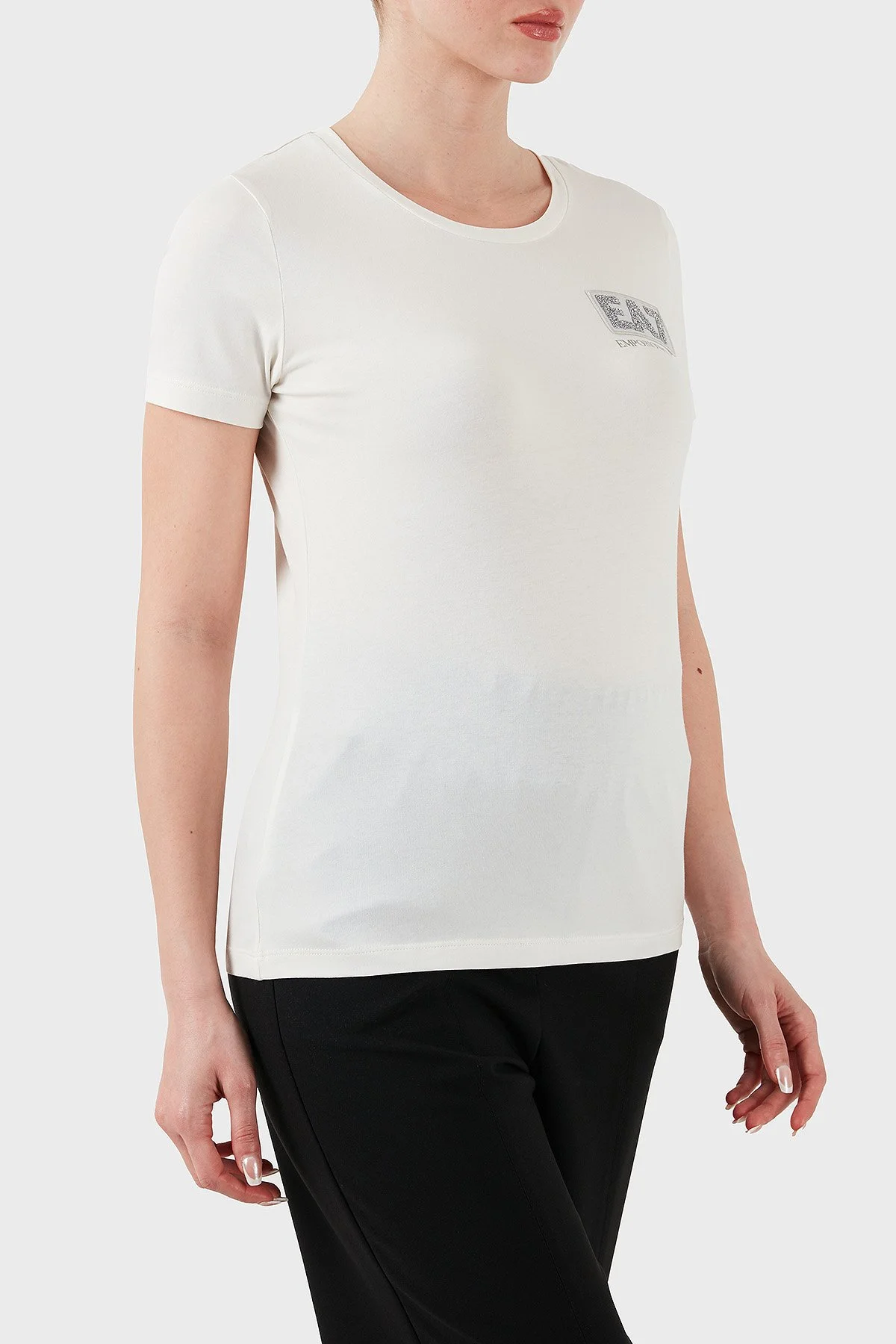EA7 Taşlı Logolu Streç Pamuklu Regular Fit Yuvarlak Yaka Kadın T Shirt 7W000492 AF10373 U0005 EKRU - 5