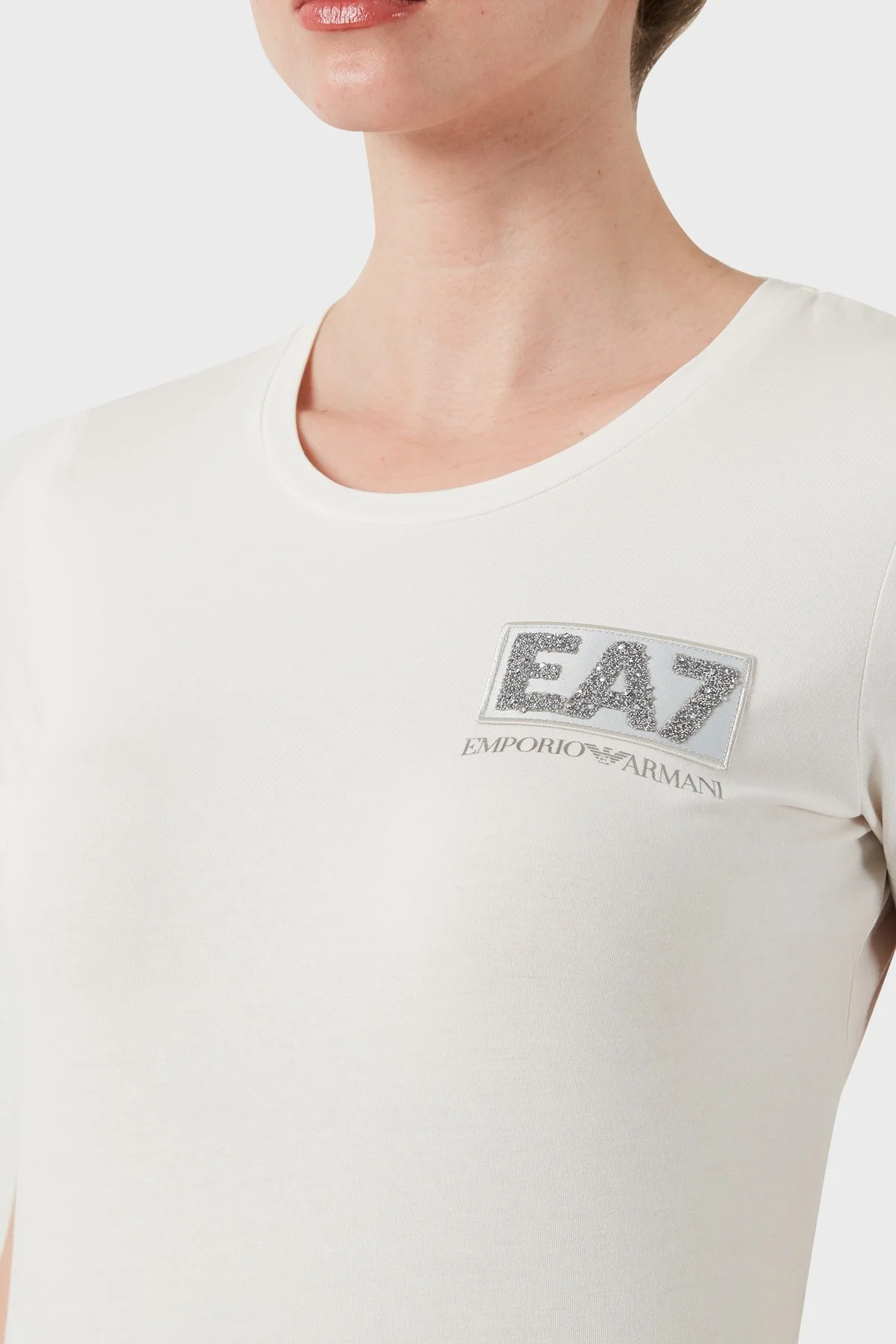 EA7 Taşlı Logolu Streç Pamuklu Regular Fit Yuvarlak Yaka Kadın T Shirt 7W000492 AF10373 U0005 EKRU - 6