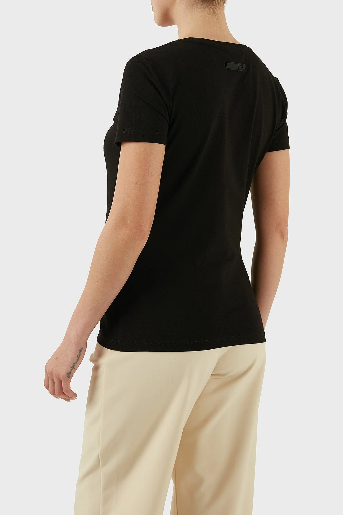 EA7 Taşlı Logolu Streç Pamuklu Regular Fit Yuvarlak Yaka Bayan T Shirt 7W000492 AF10373 UC001 SİYAH - 3