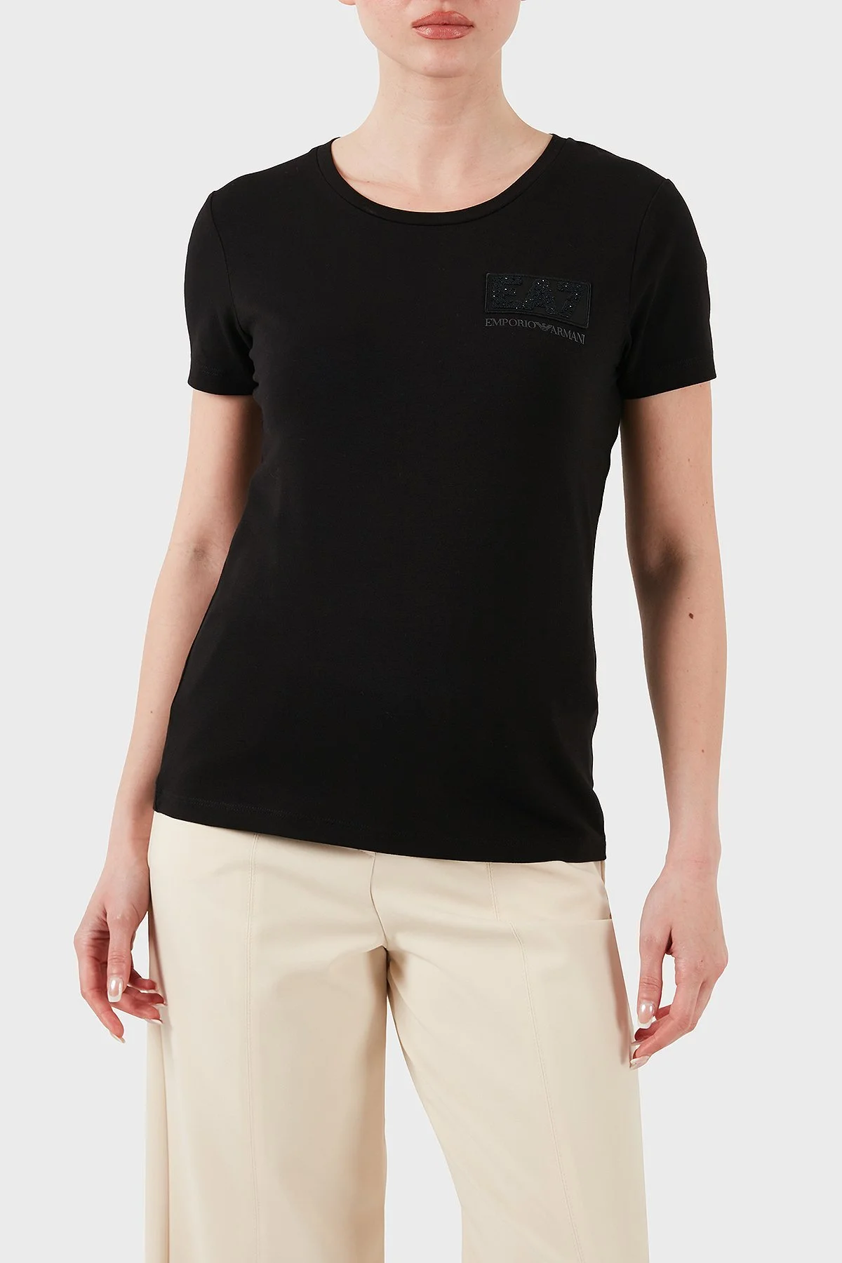 EA7 Taşlı Logolu Streç Pamuklu Regular Fit Yuvarlak Yaka Kadın T Shirt 7W000492 AF10373 UC001 SİYAH - 1