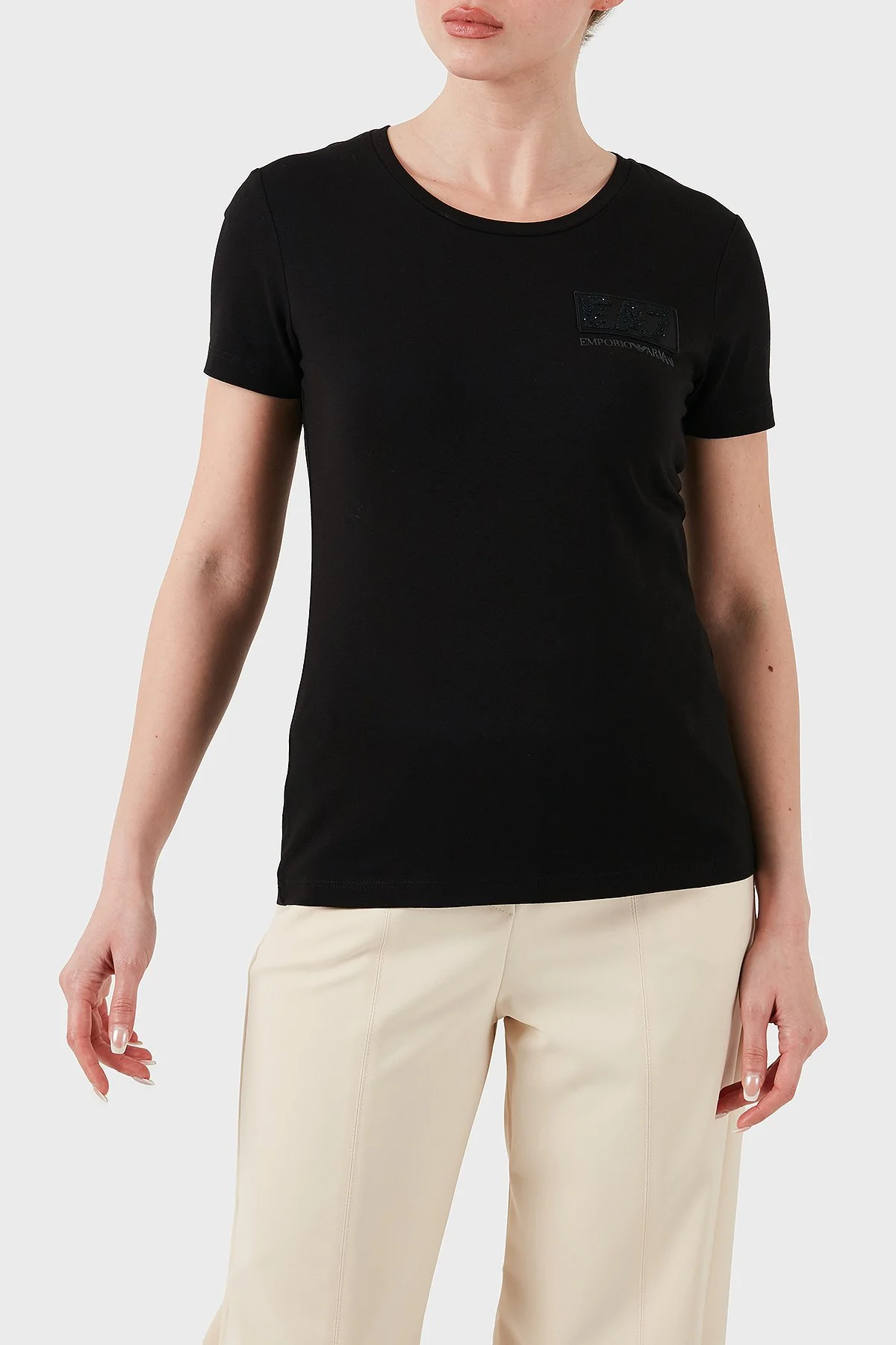 EA7 Taşlı Logolu Streç Pamuklu Regular Fit Yuvarlak Yaka Kadın T Shirt 7W000492 AF10373 UC001 SİYAH - 2