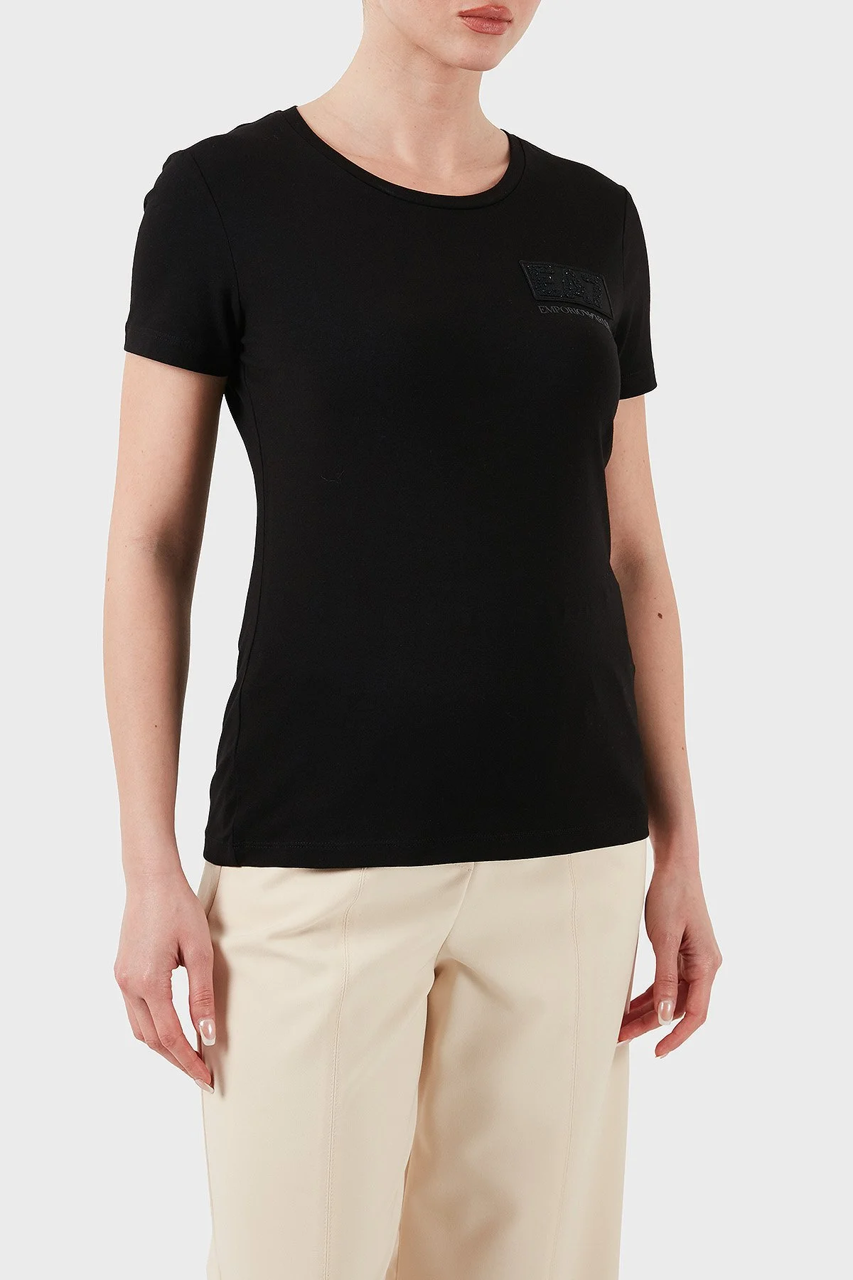 EA7 Taşlı Logolu Streç Pamuklu Regular Fit Yuvarlak Yaka Kadın T Shirt 7W000492 AF10373 UC001 SİYAH - 4