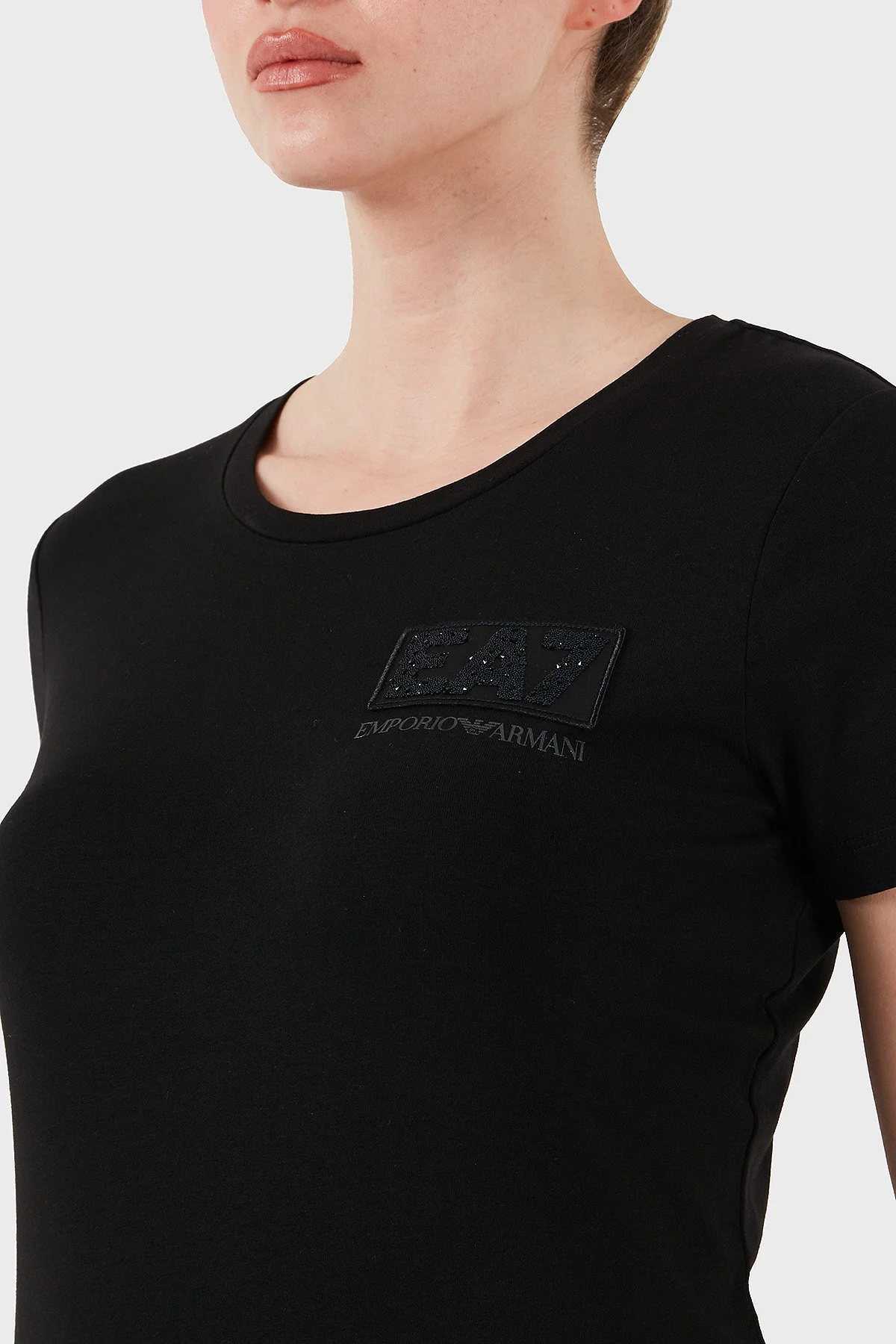 EA7 Taşlı Logolu Streç Pamuklu Regular Fit Yuvarlak Yaka Kadın T Shirt 7W000492 AF10373 UC001 SİYAH - 5