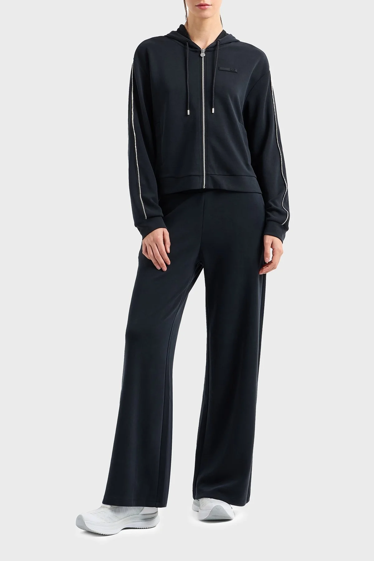 EA7 Taşlı Modal Karışımlı Regular Fit Normal Bel Bol Paça Kapüşonlu Bayan Eşofman Takımı 7W000119 AF12643 UC001 SİYAH - 1